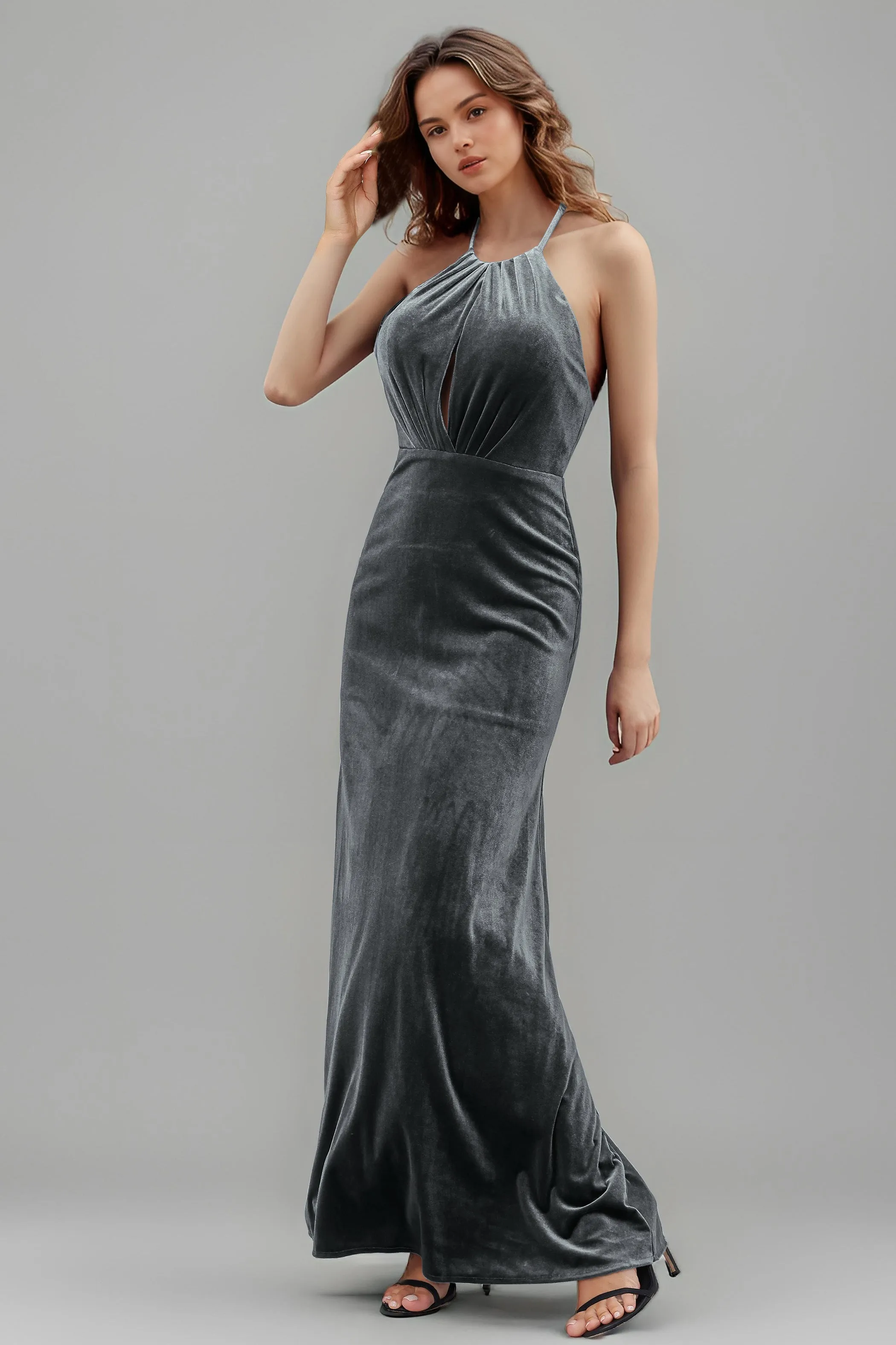 Halter Velvet Sleeveless Backless Long Bridesmaid Dresses