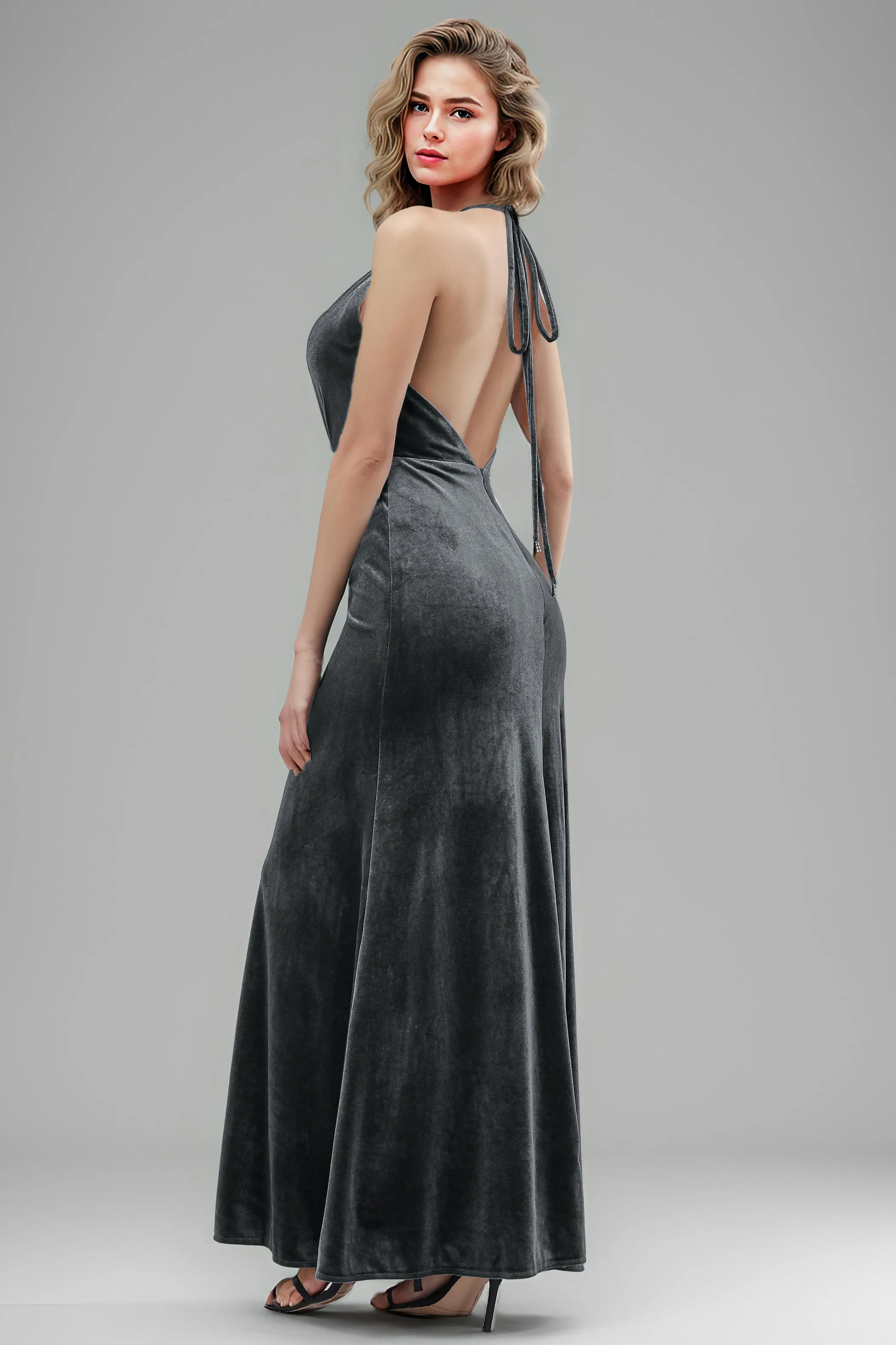 Halter Velvet Sleeveless Backless Long Bridesmaid Dresses