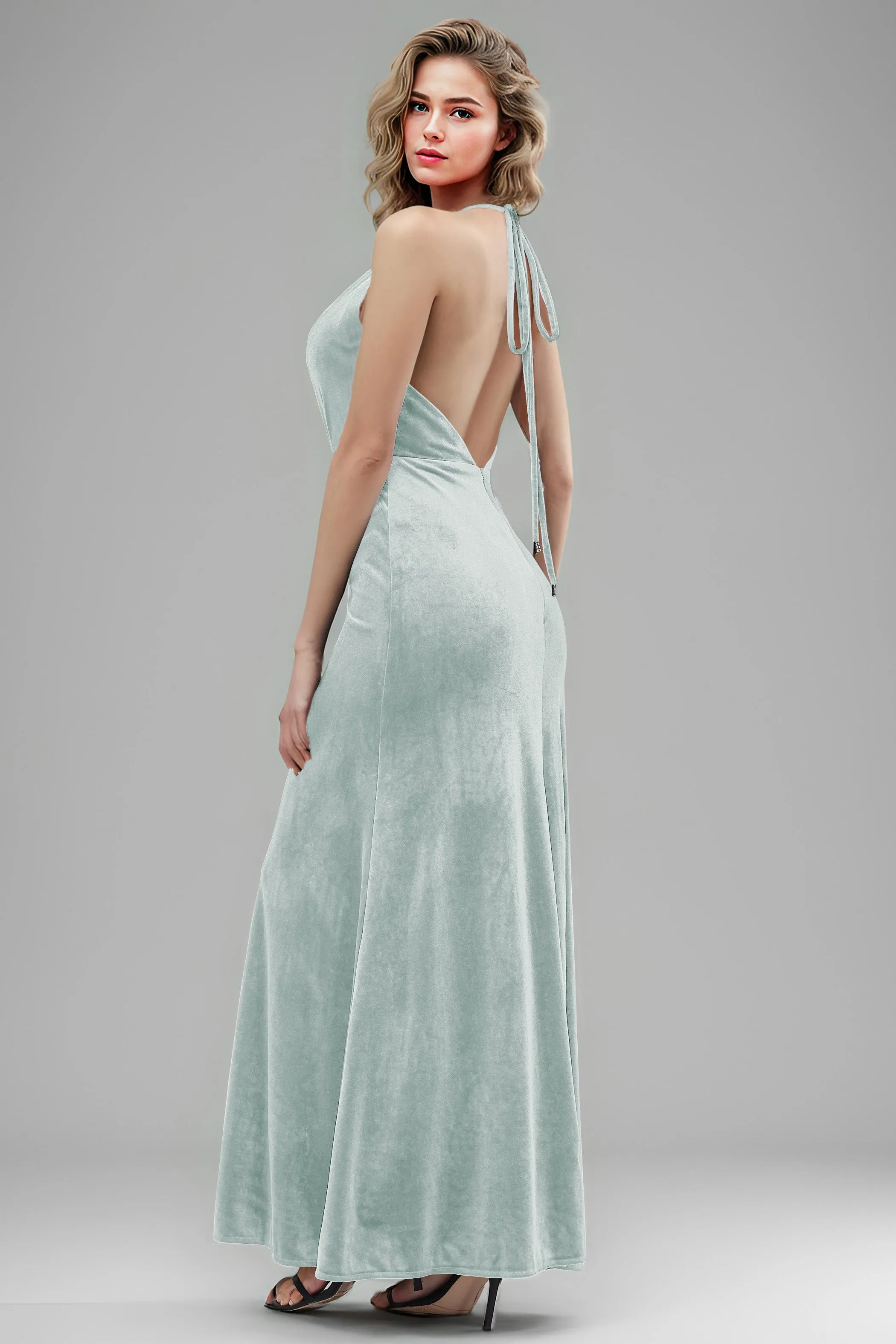 Halter Velvet Sleeveless Backless Long Bridesmaid Dresses