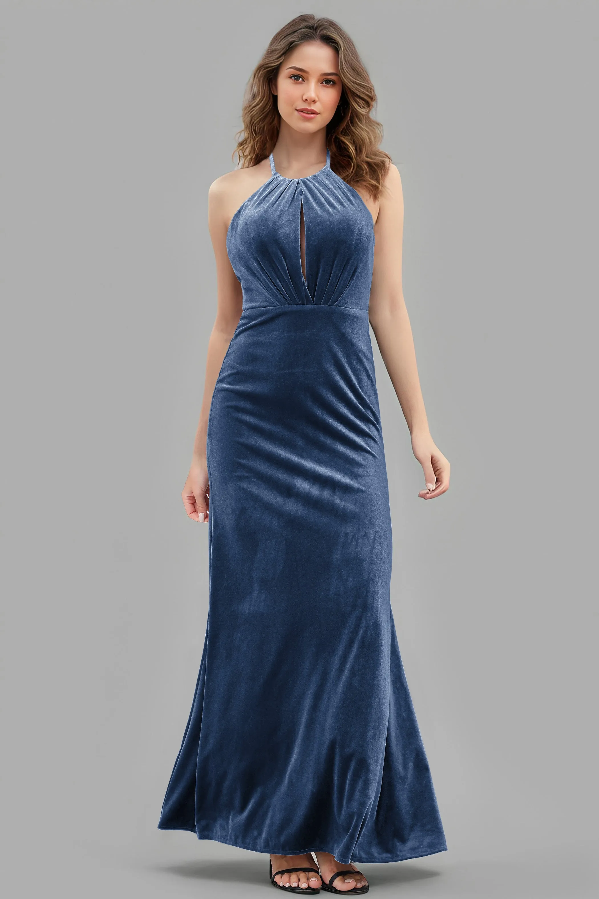 Halter Velvet Sleeveless Backless Long Bridesmaid Dresses