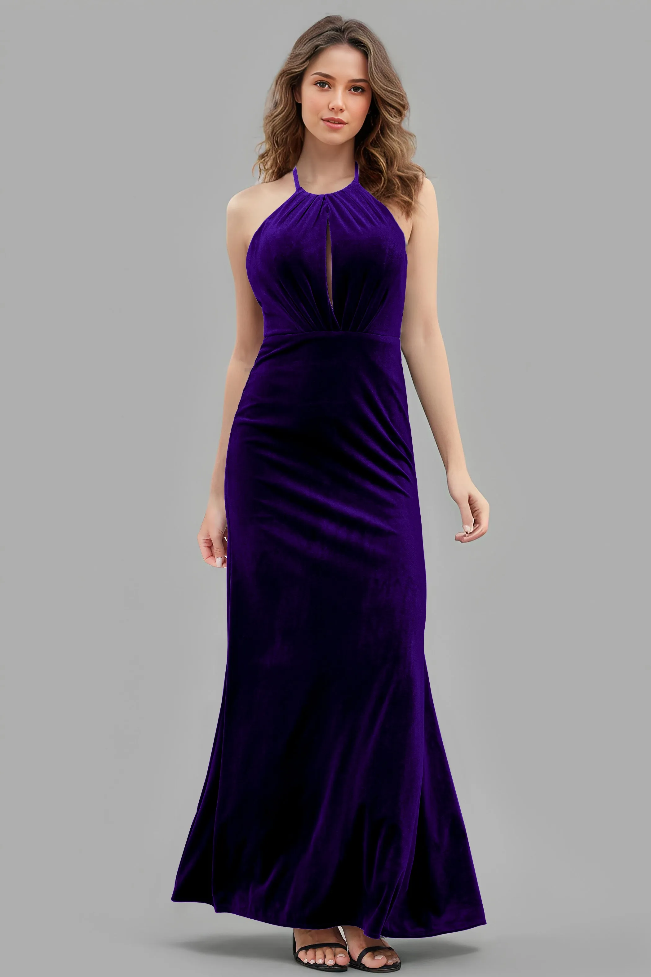 Halter Velvet Sleeveless Backless Long Bridesmaid Dresses