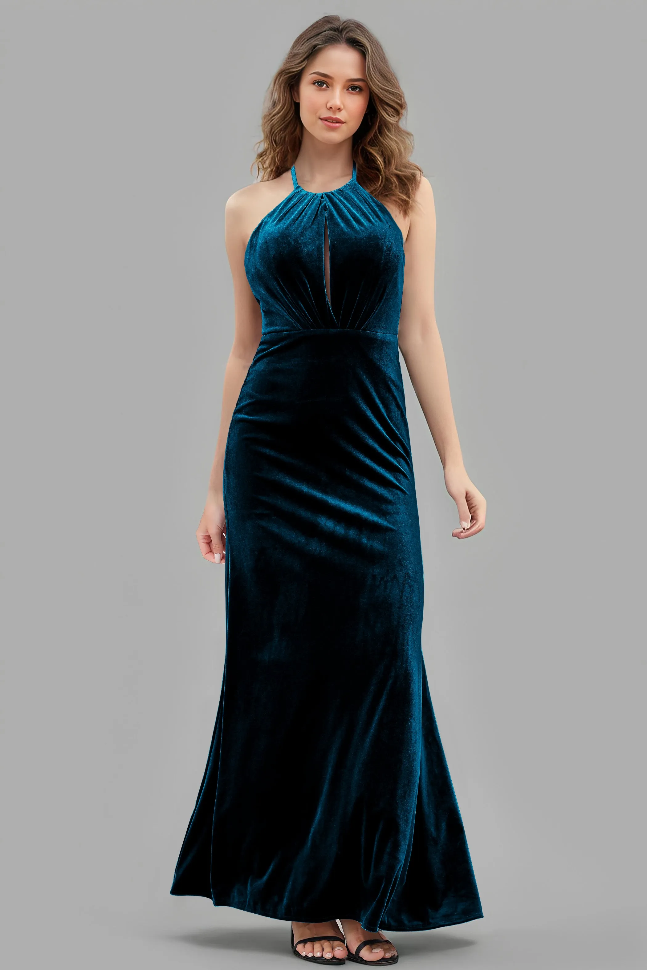 Halter Velvet Sleeveless Backless Long Bridesmaid Dresses