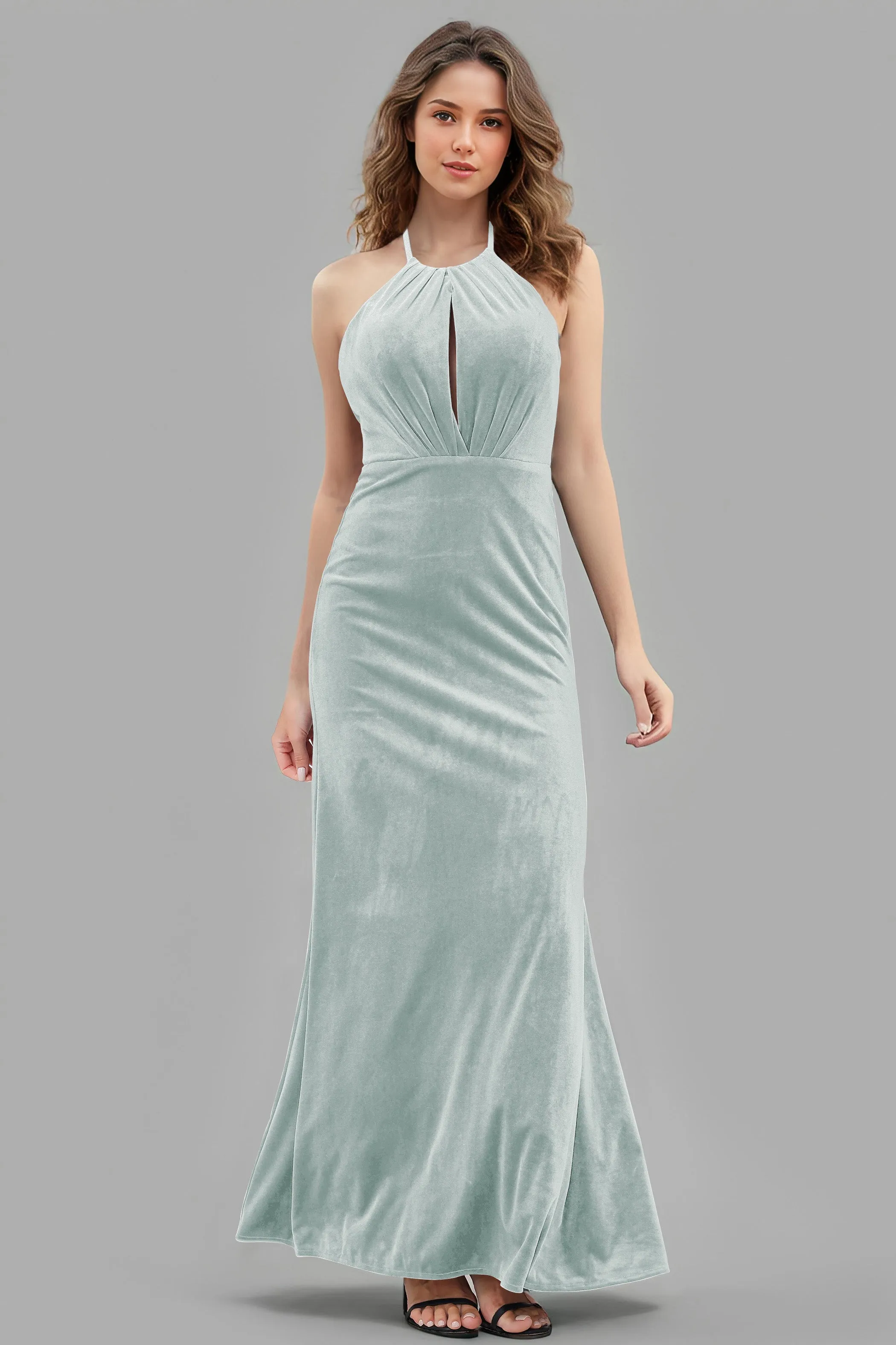 Halter Velvet Sleeveless Backless Long Bridesmaid Dresses