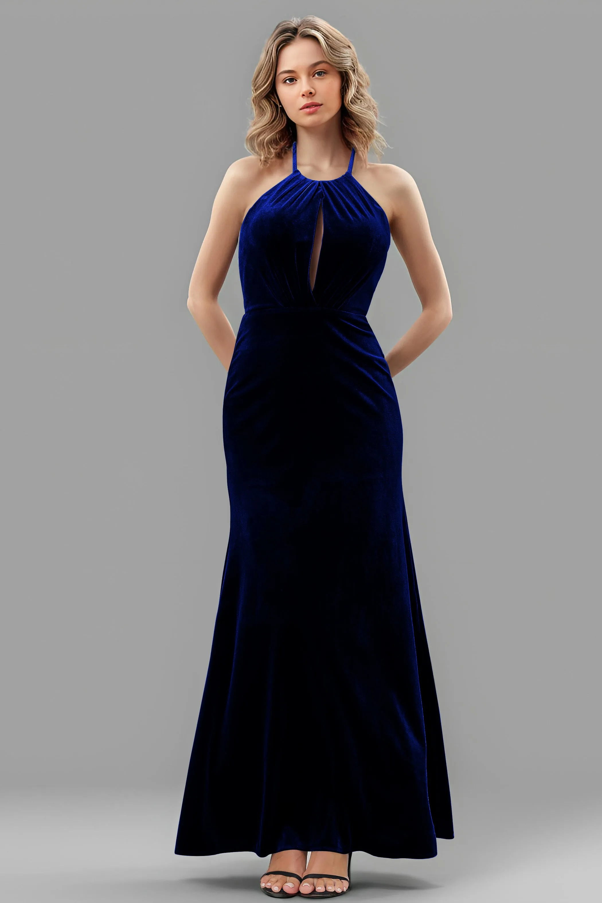 Halter Velvet Sleeveless Backless Long Bridesmaid Dresses