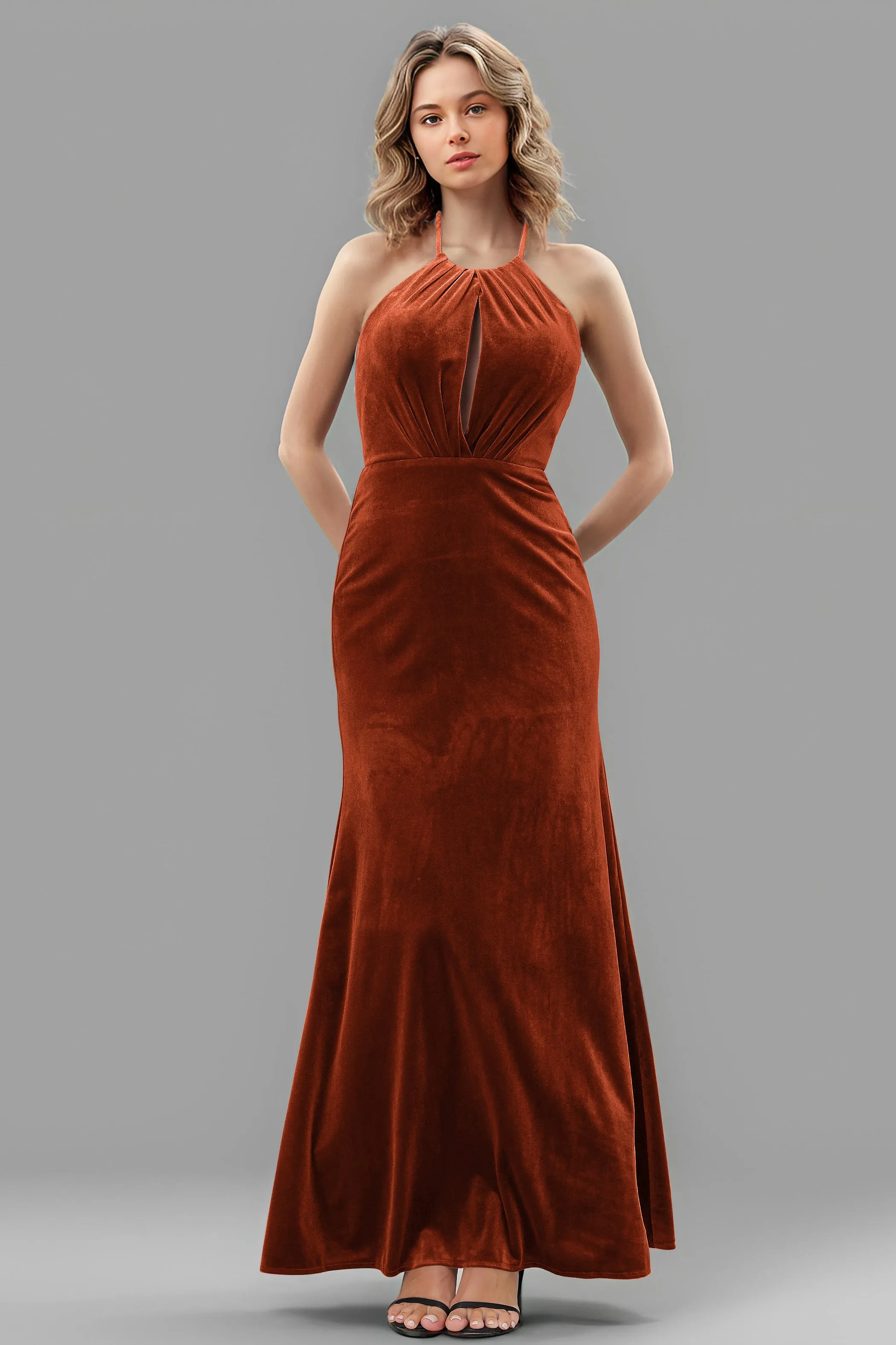Halter Velvet Sleeveless Backless Long Bridesmaid Dresses