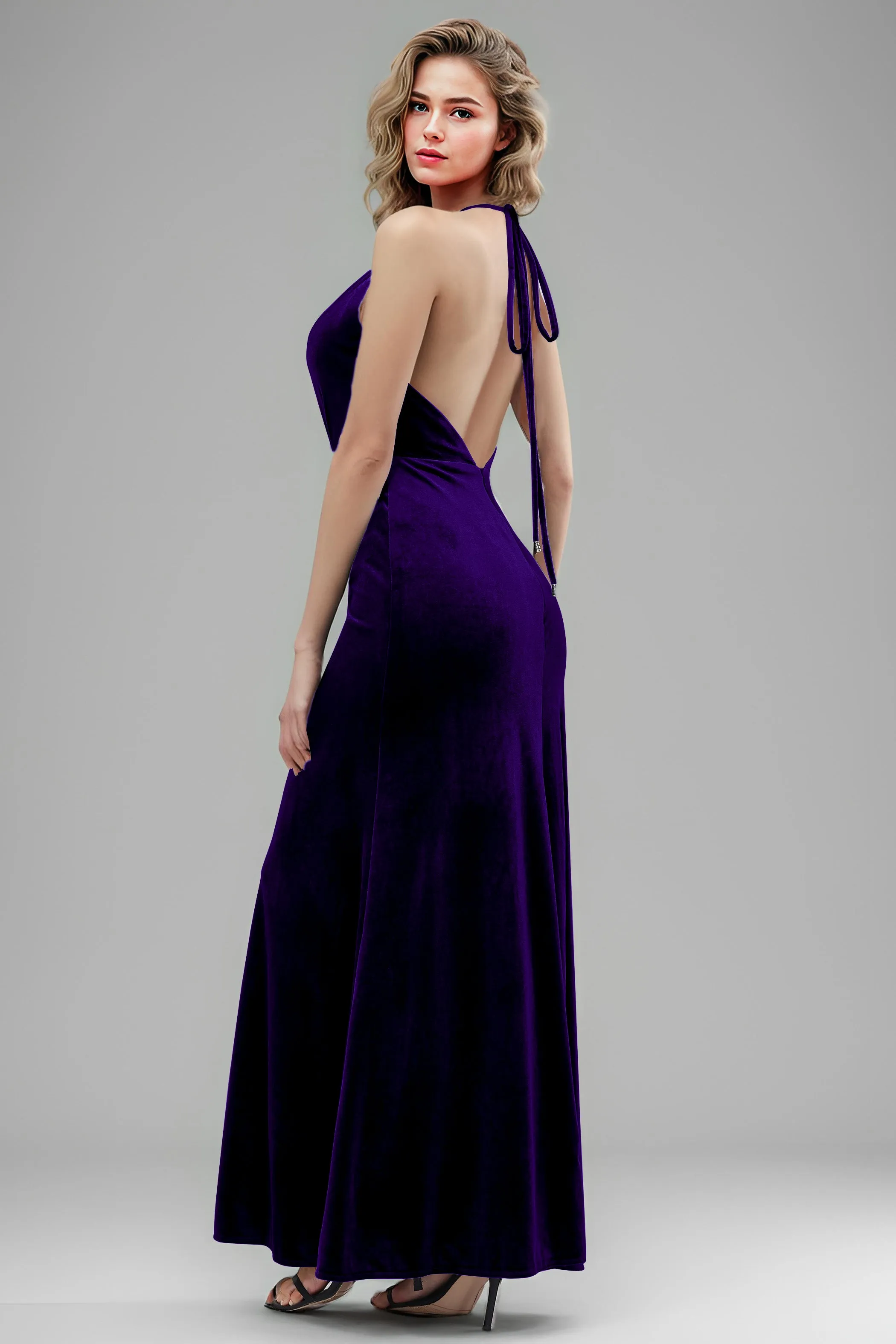 Halter Velvet Sleeveless Backless Long Bridesmaid Dresses