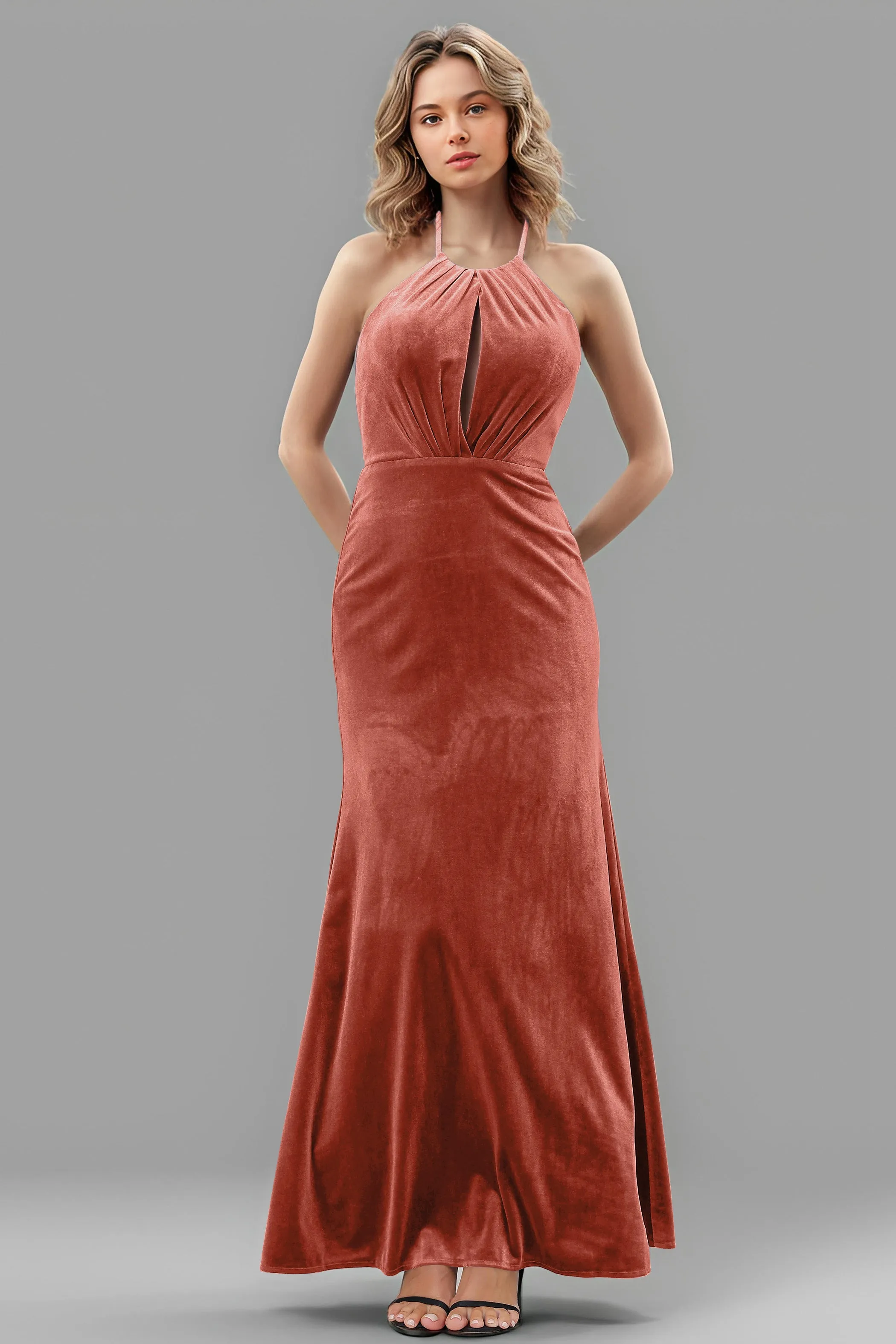 Halter Velvet Sleeveless Backless Long Bridesmaid Dresses