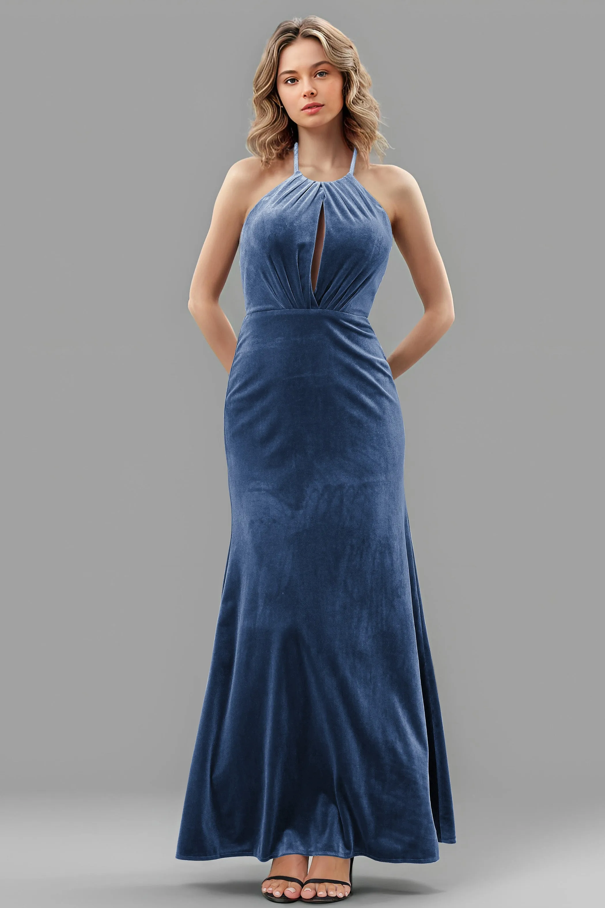 Halter Velvet Sleeveless Backless Long Bridesmaid Dresses