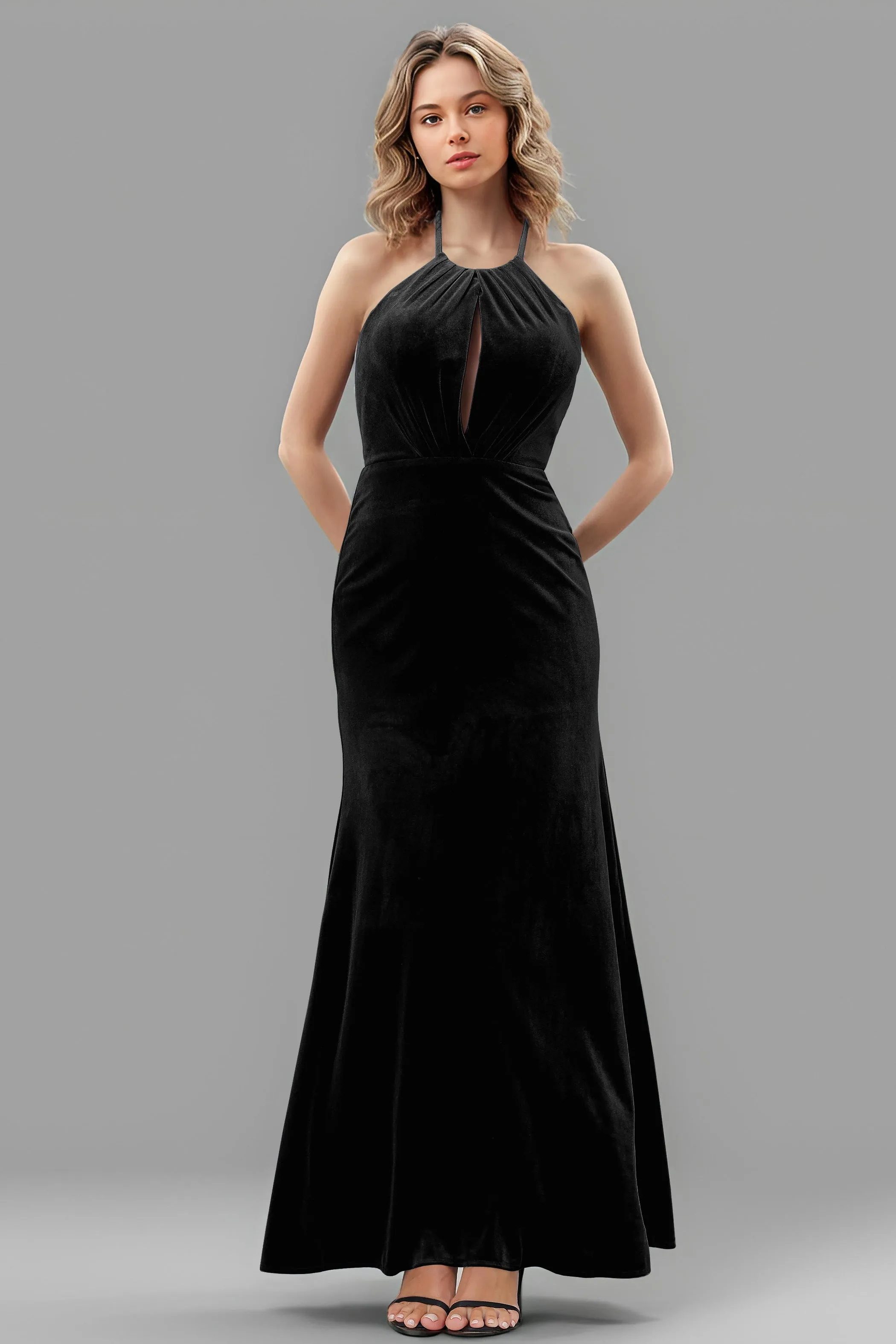 Halter Velvet Sleeveless Backless Long Bridesmaid Dresses