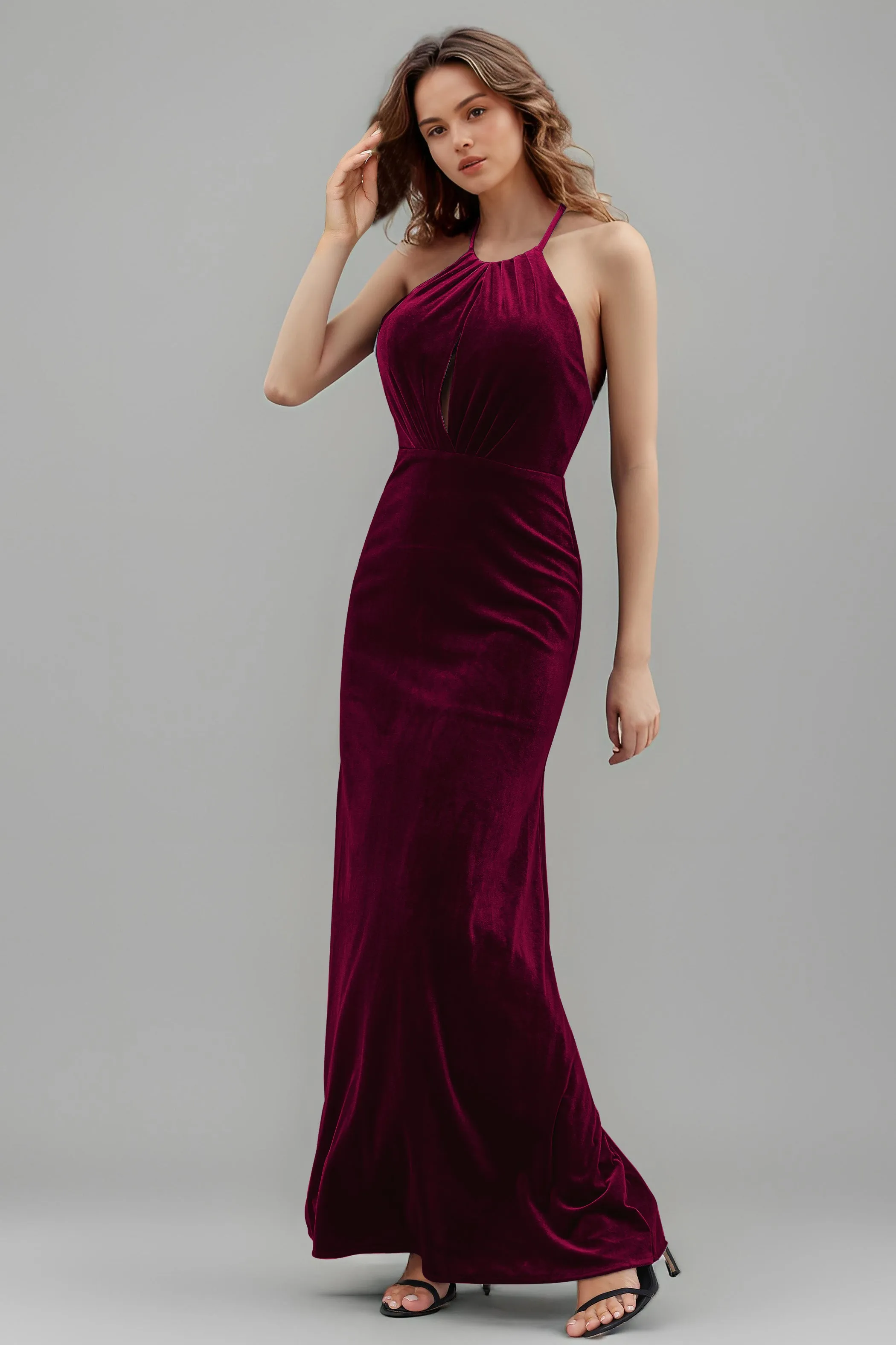 Halter Velvet Sleeveless Backless Long Bridesmaid Dresses