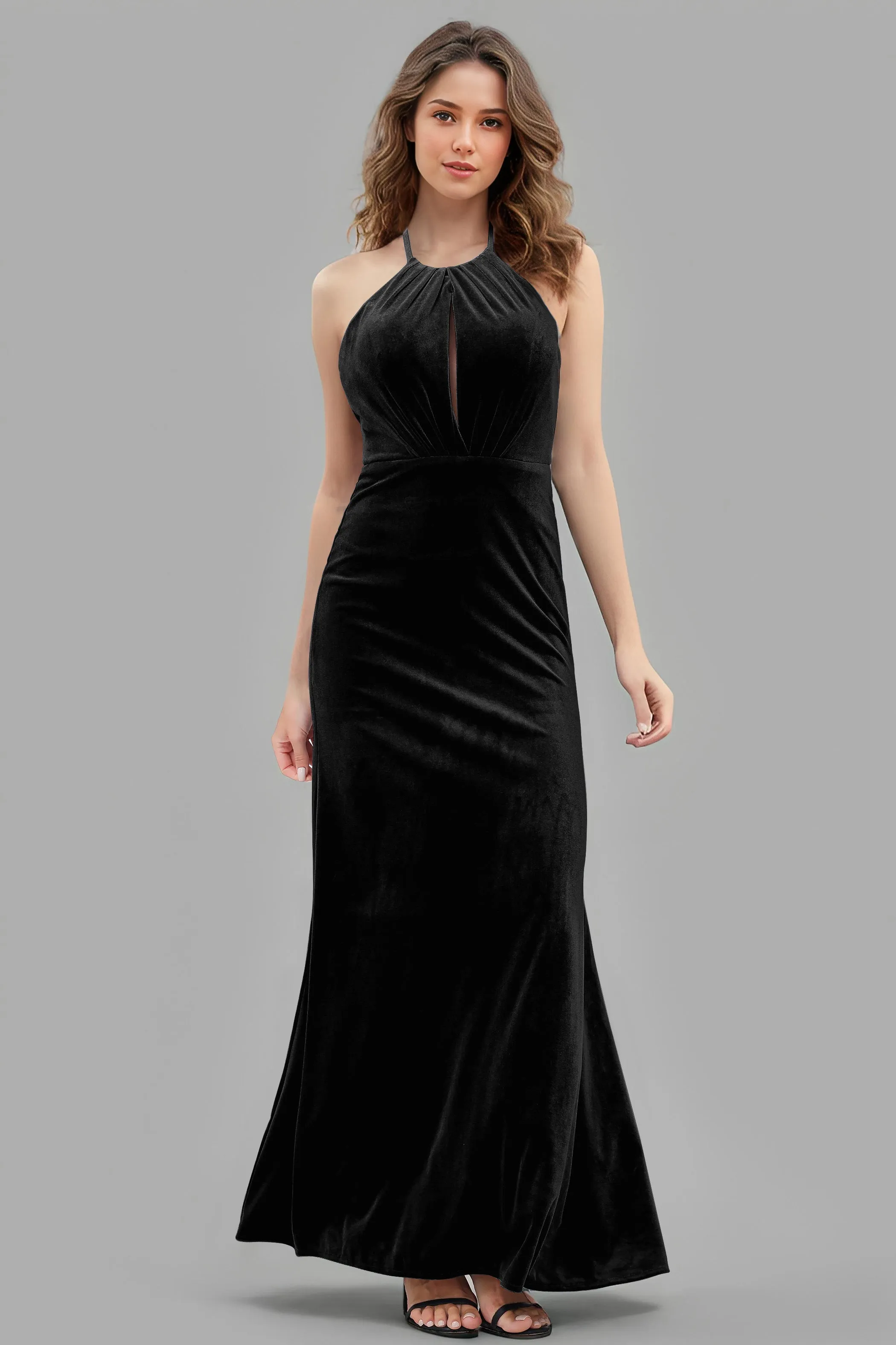 Halter Velvet Sleeveless Backless Long Bridesmaid Dresses