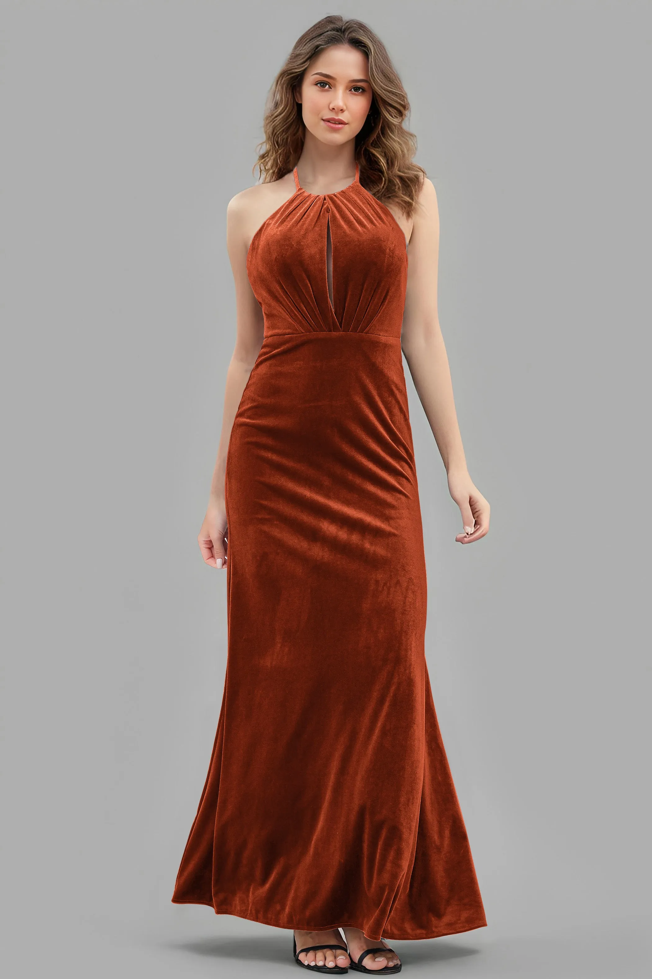 Halter Velvet Sleeveless Backless Long Bridesmaid Dresses