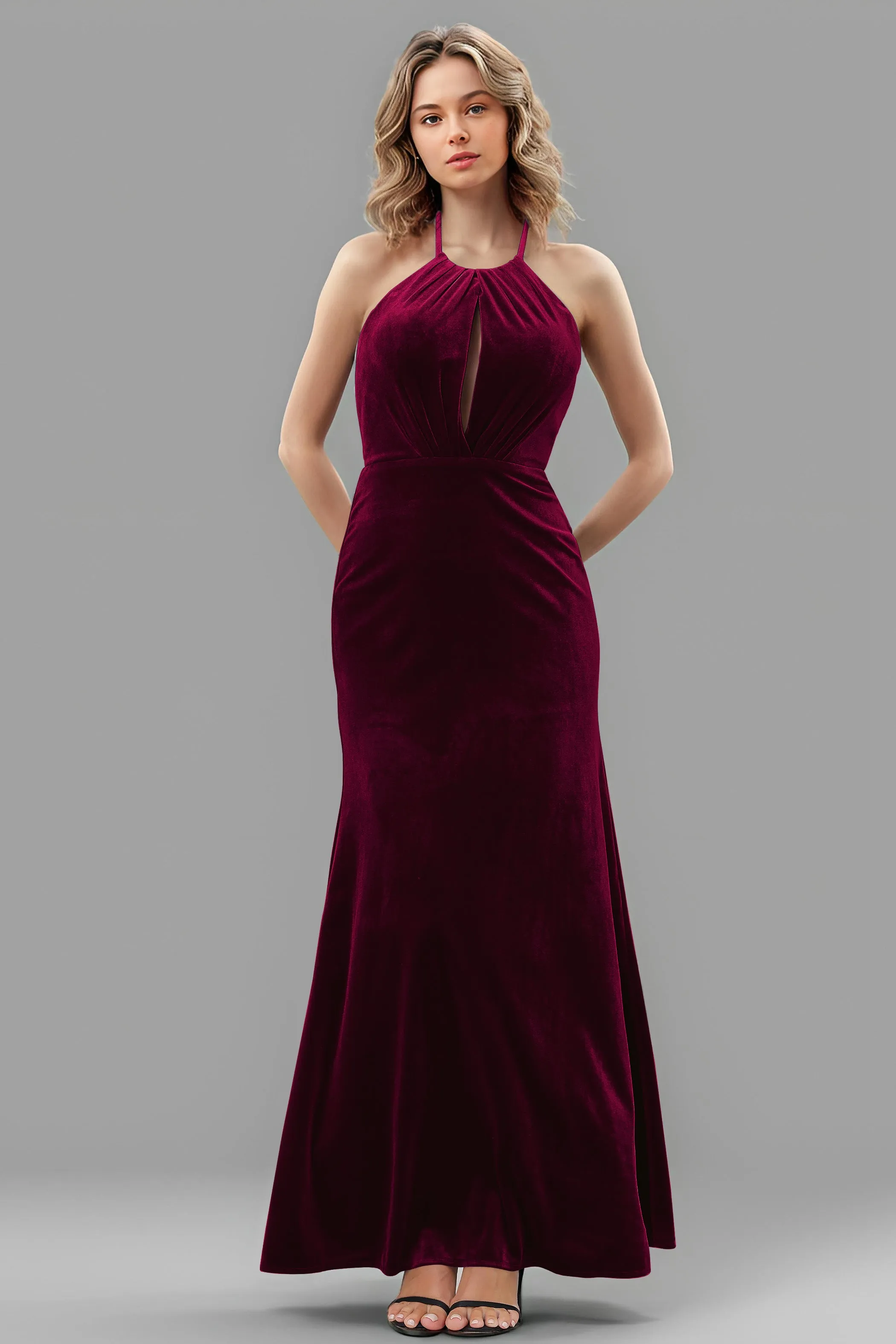 Halter Velvet Sleeveless Backless Long Bridesmaid Dresses
