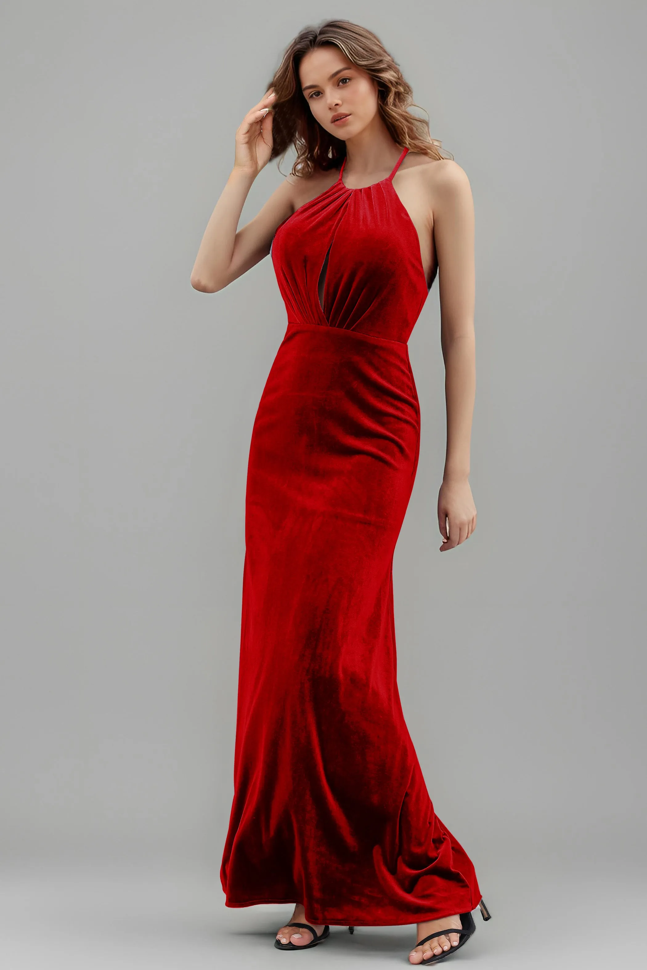 Halter Velvet Sleeveless Backless Long Bridesmaid Dresses