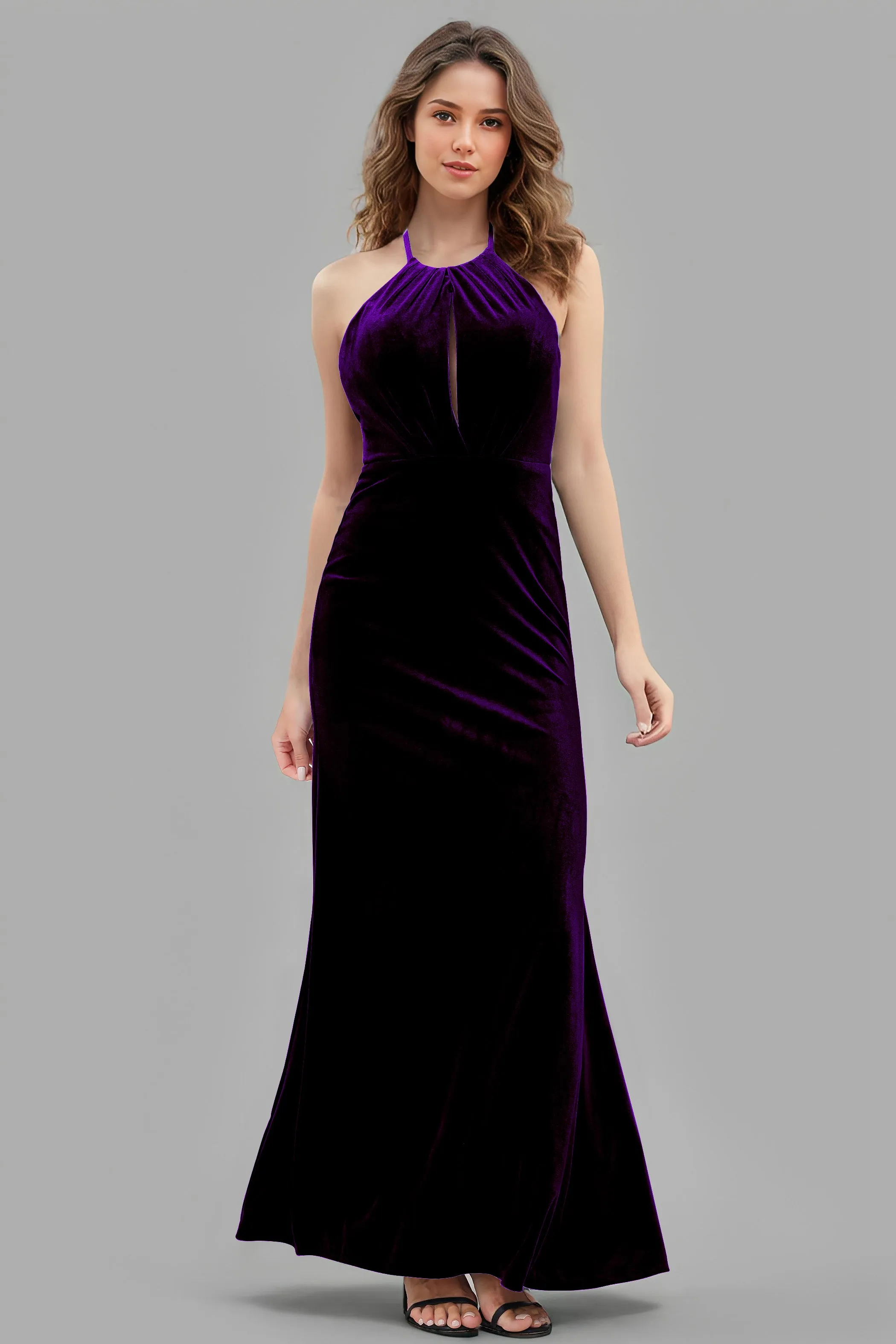Halter Velvet Sleeveless Backless Long Bridesmaid Dresses