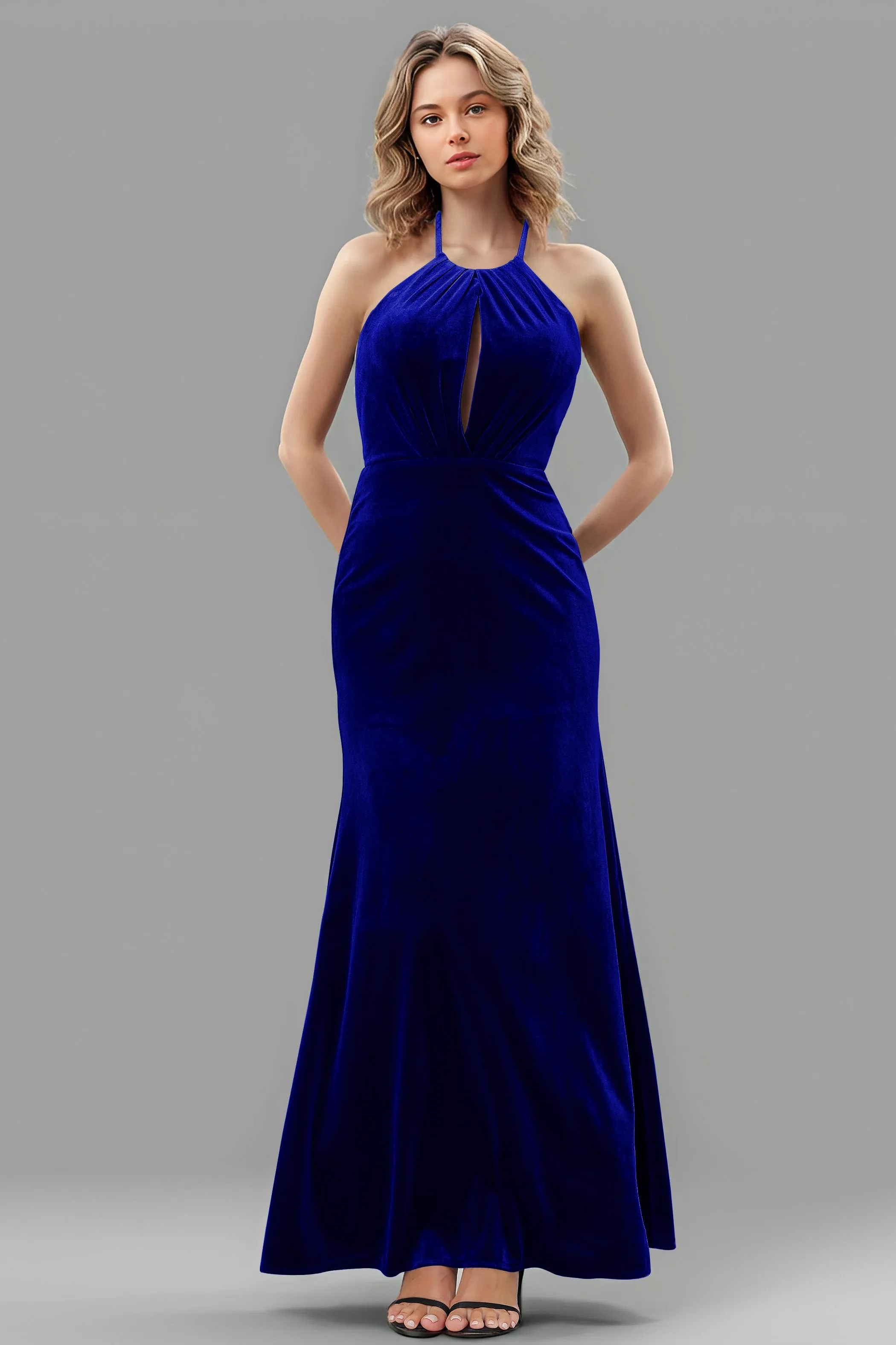 Halter Velvet Sleeveless Backless Long Bridesmaid Dresses