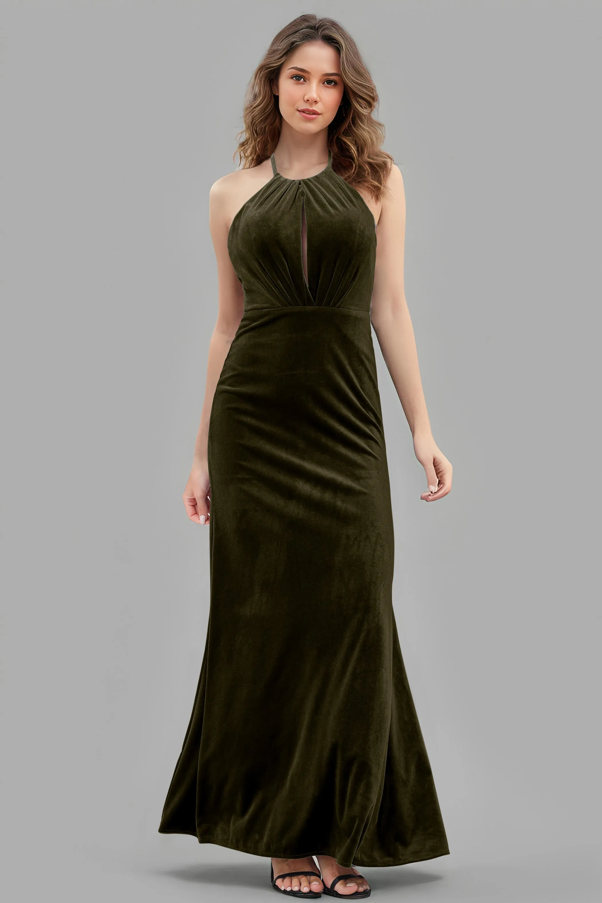 Halter Velvet Sleeveless Backless Long Bridesmaid Dresses