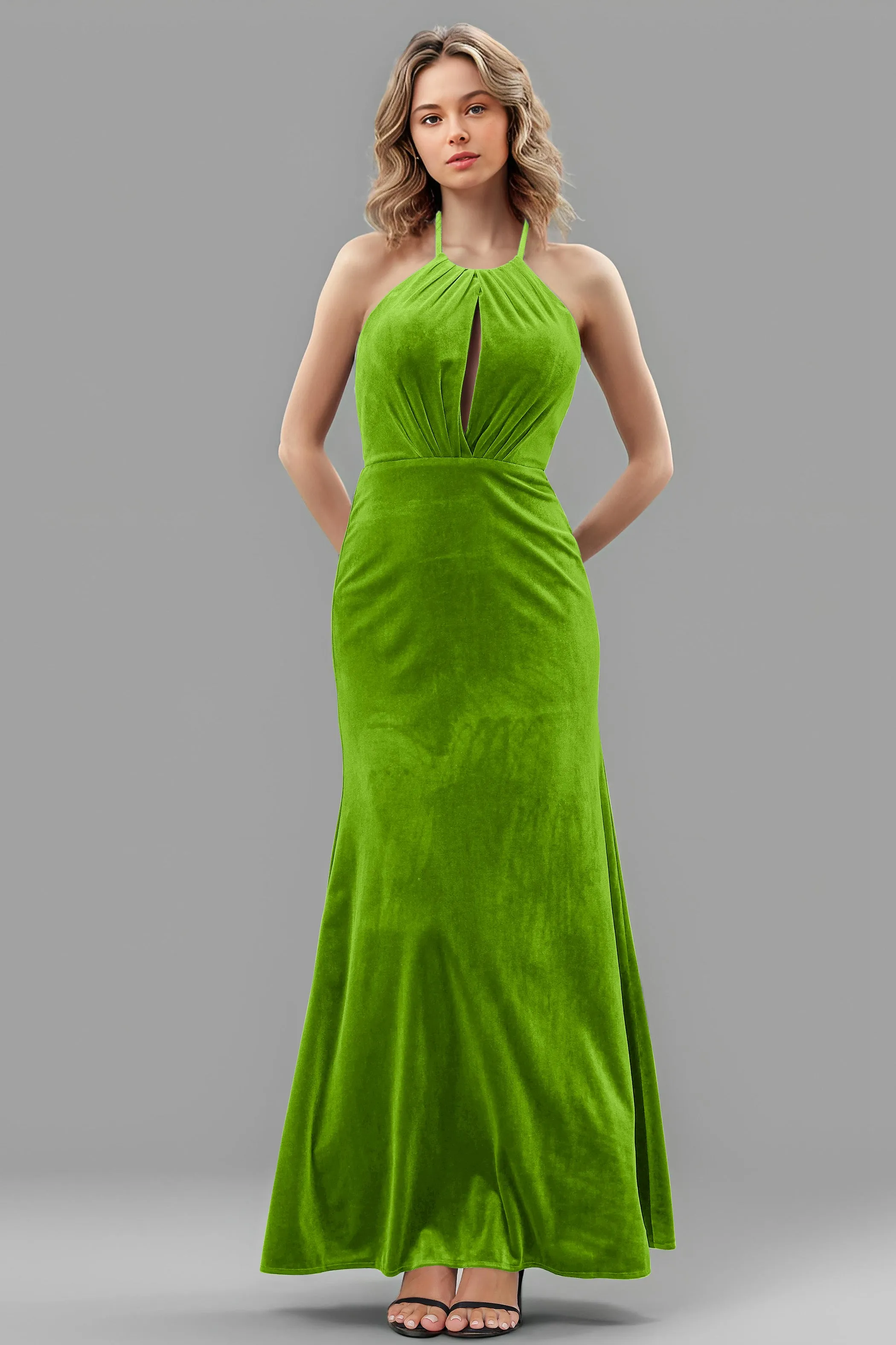 Halter Velvet Sleeveless Backless Long Bridesmaid Dresses