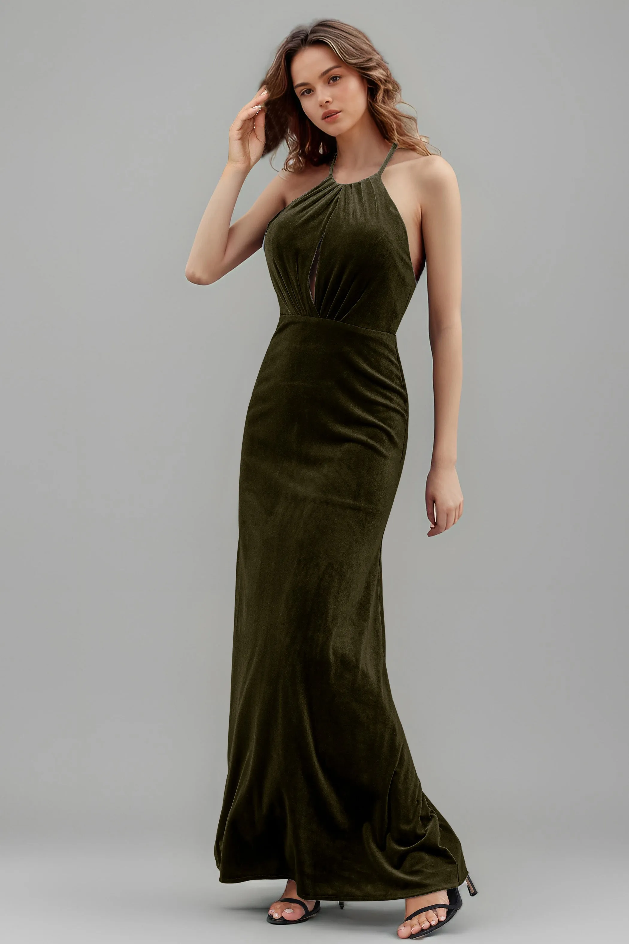 Halter Velvet Sleeveless Backless Long Bridesmaid Dresses