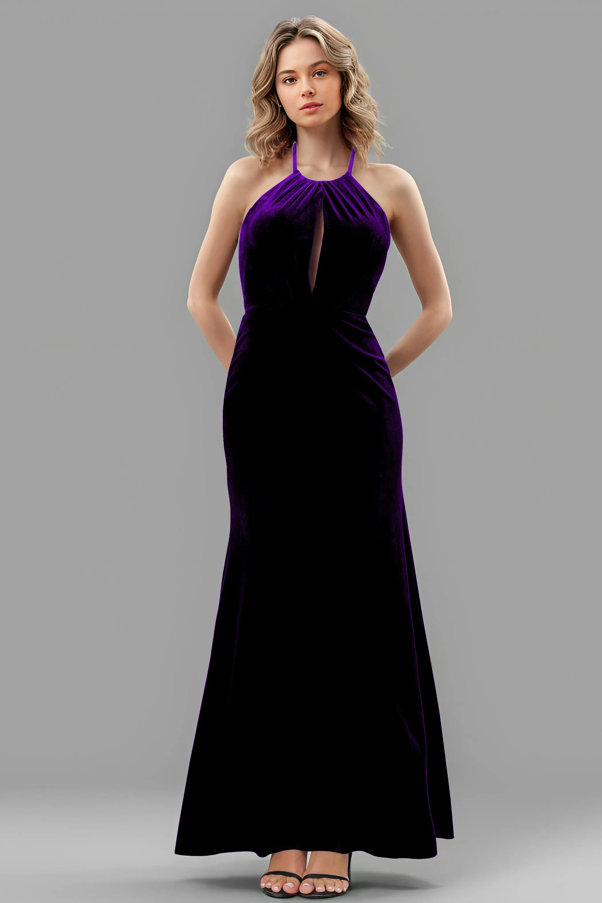 Halter Velvet Sleeveless Backless Long Bridesmaid Dresses