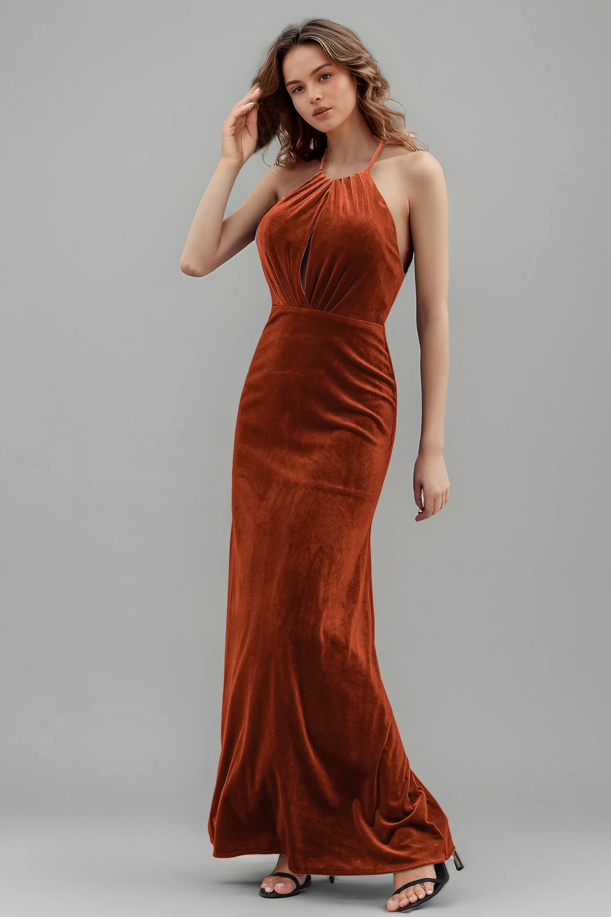 Halter Velvet Sleeveless Backless Long Bridesmaid Dresses