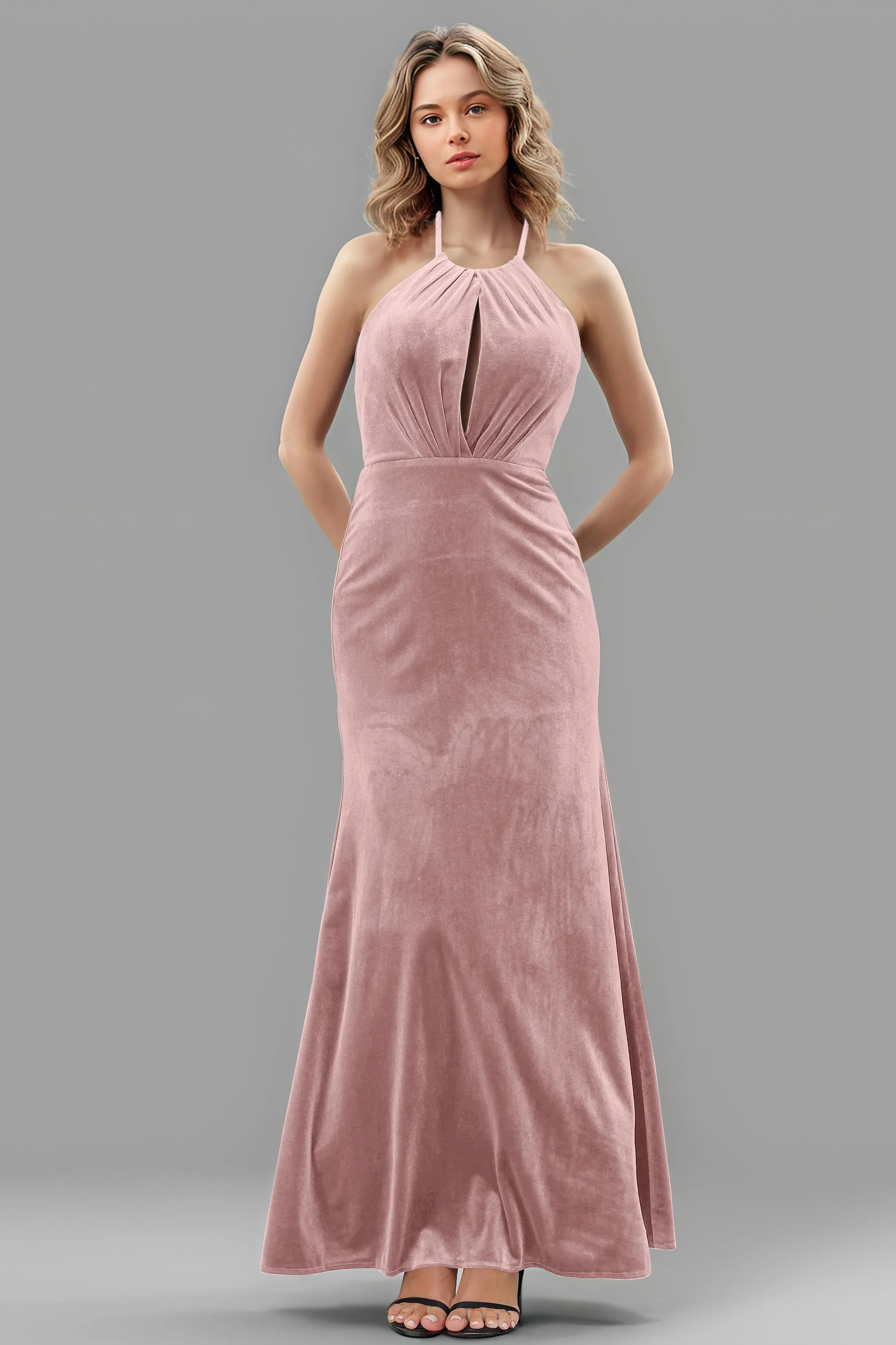 Halter Velvet Sleeveless Backless Long Bridesmaid Dresses