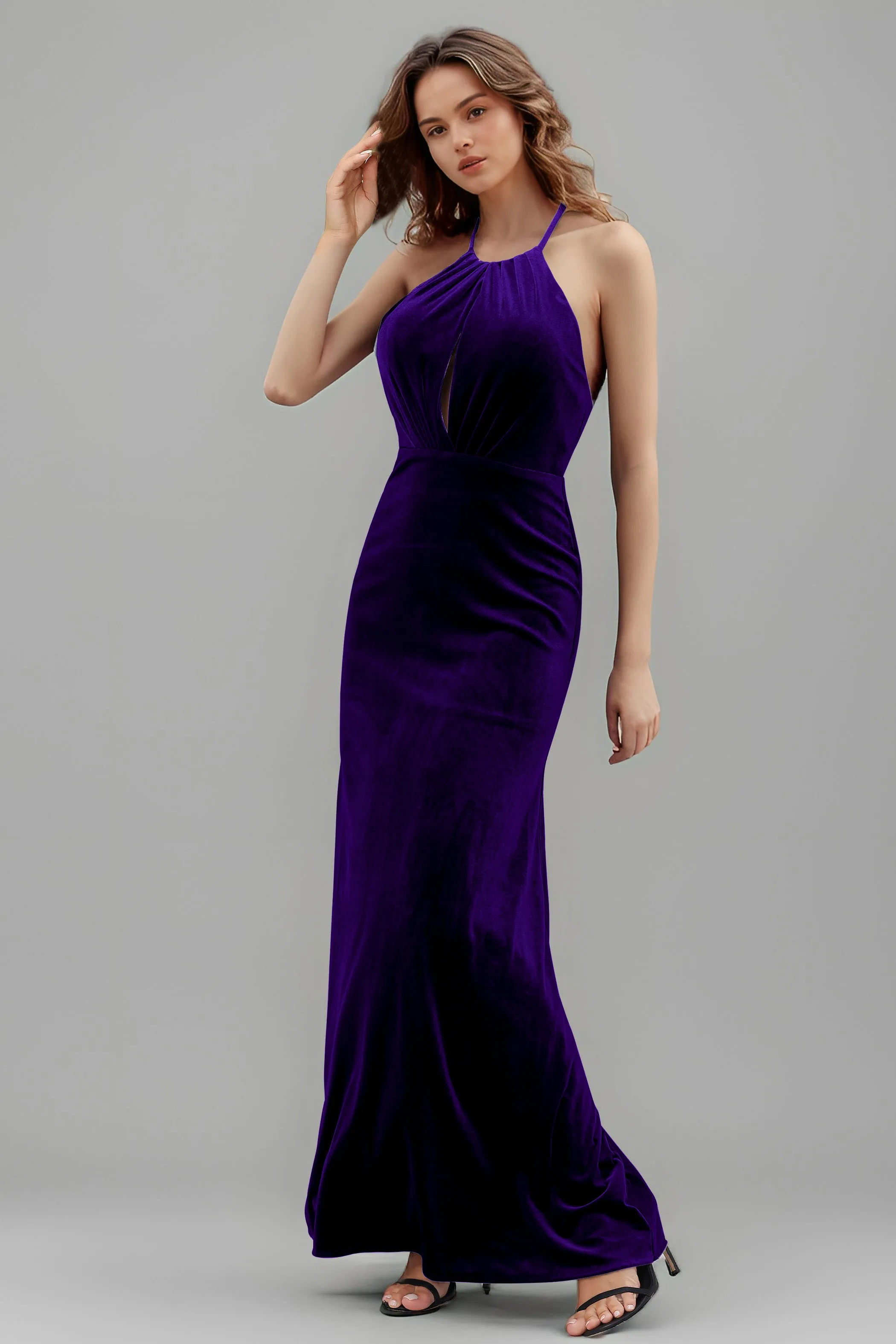Halter Velvet Sleeveless Backless Long Bridesmaid Dresses