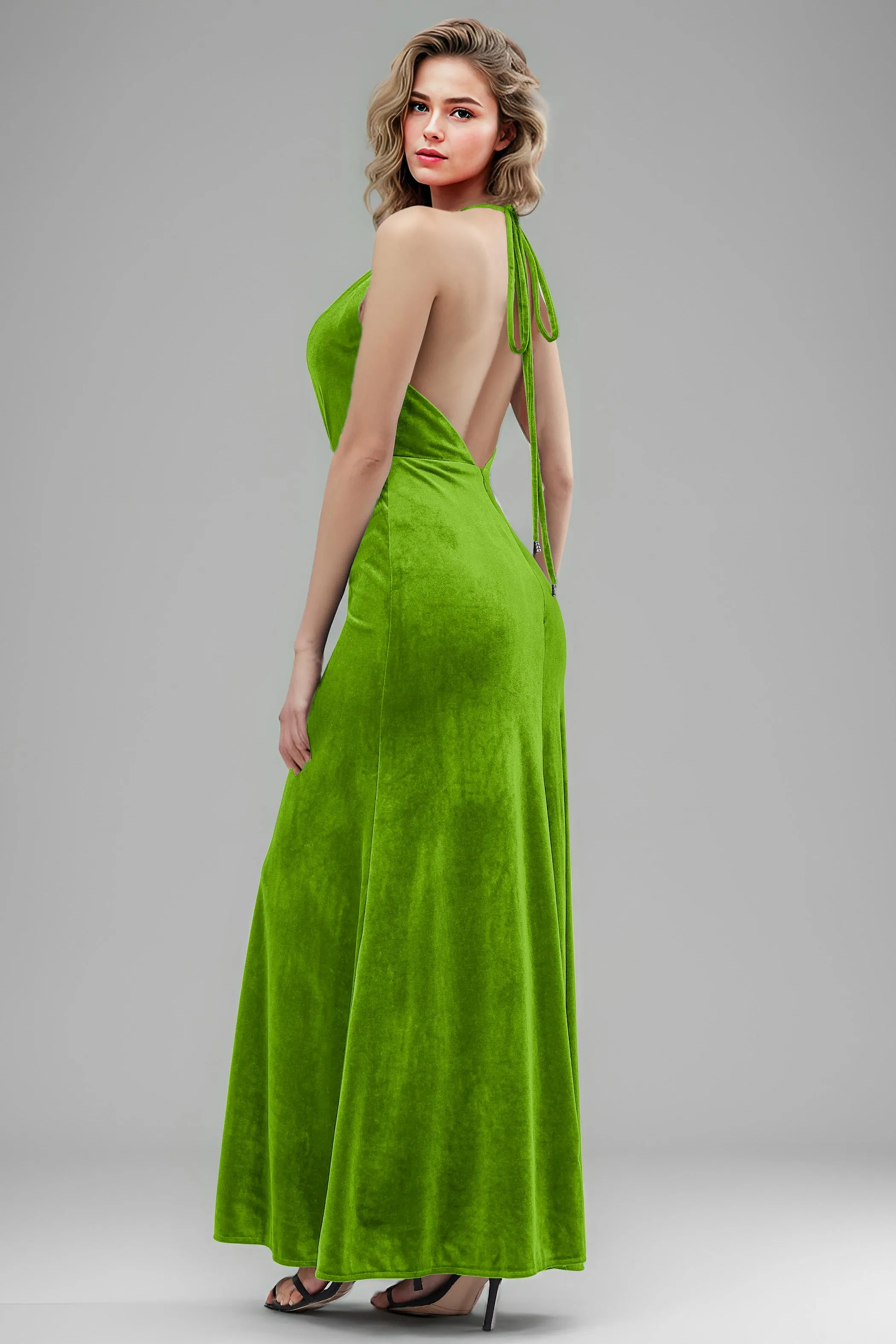 Halter Velvet Sleeveless Backless Long Bridesmaid Dresses