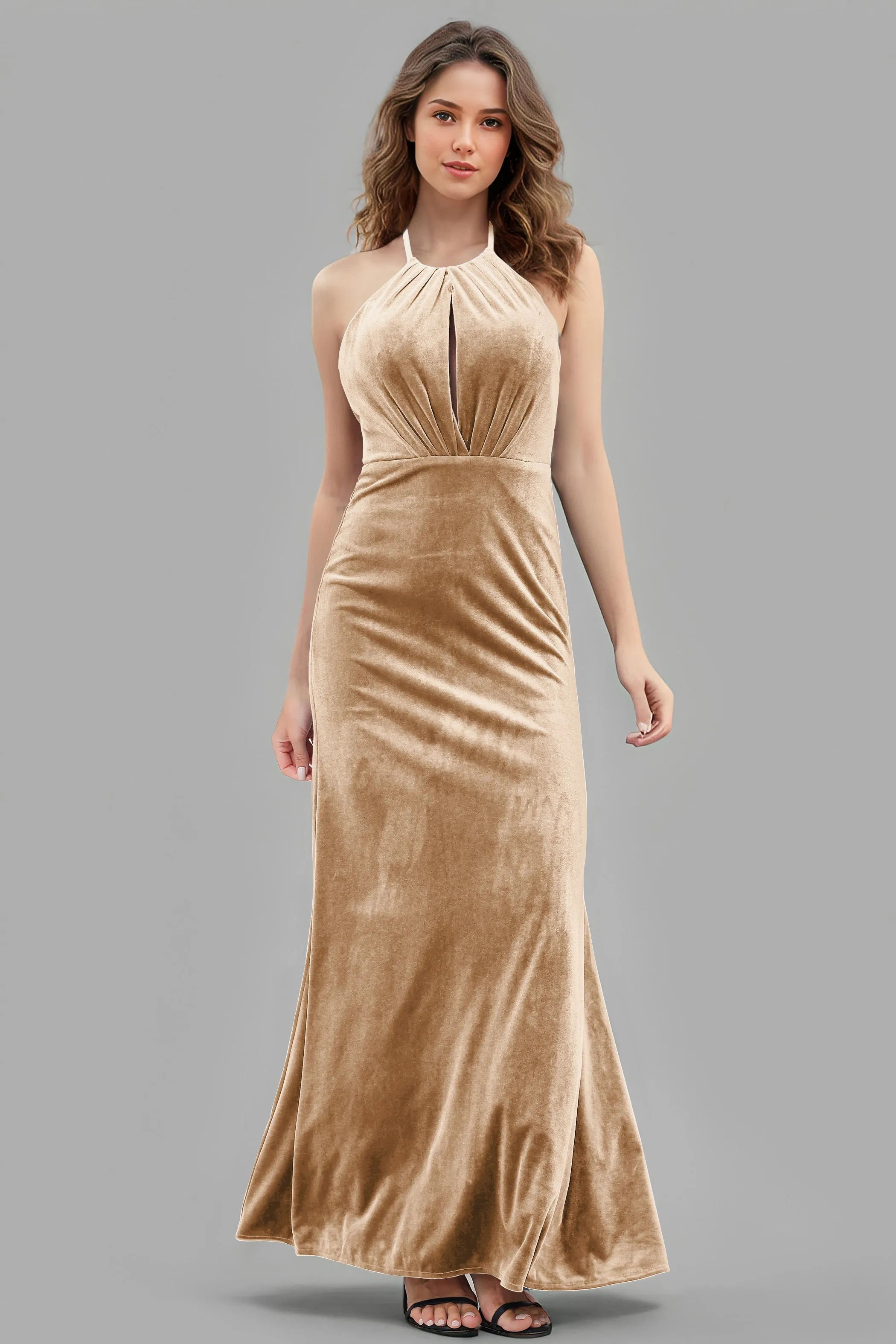 Halter Velvet Sleeveless Backless Long Bridesmaid Dresses