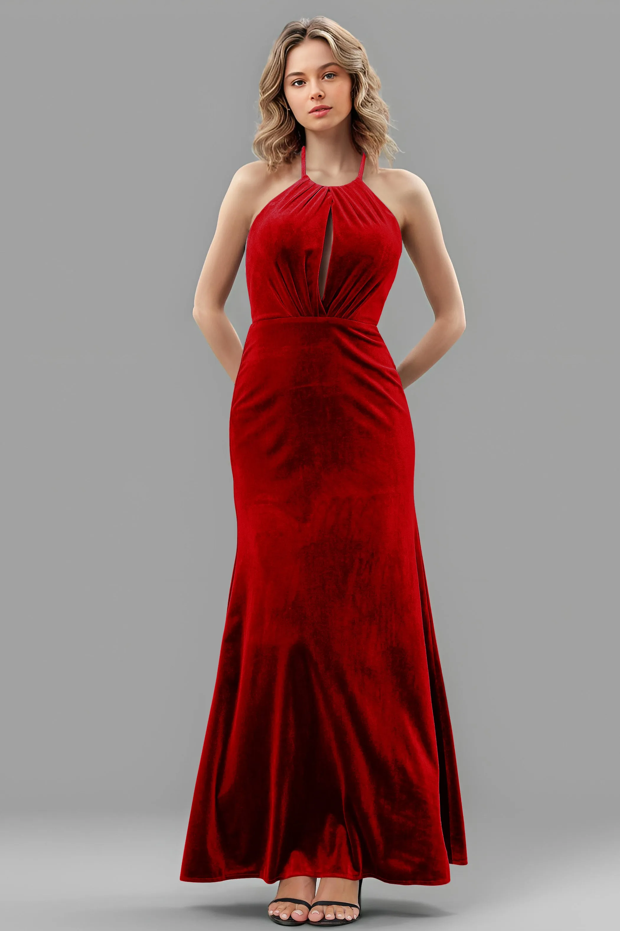 Halter Velvet Sleeveless Backless Long Bridesmaid Dresses