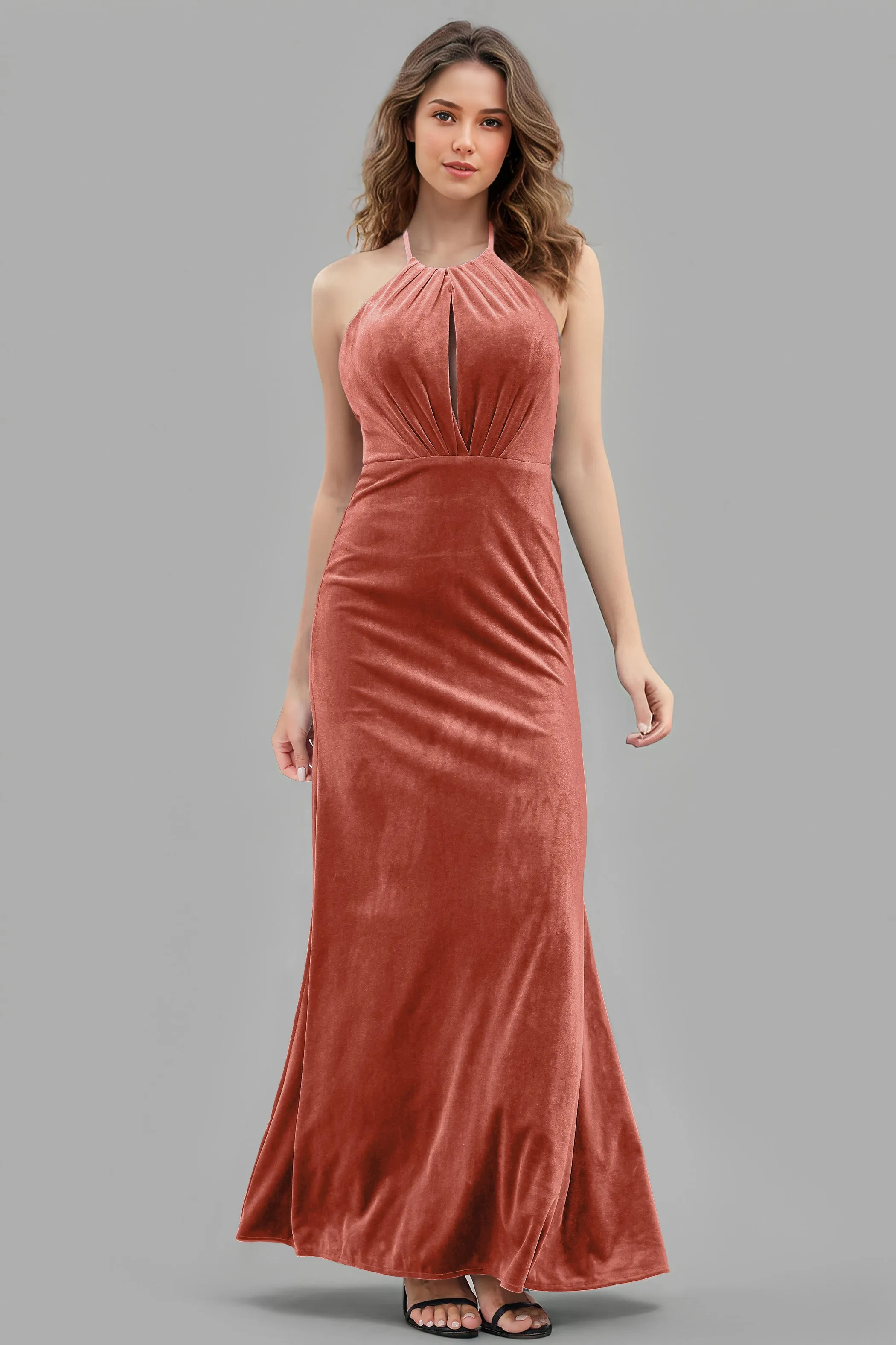 Halter Velvet Sleeveless Backless Long Bridesmaid Dresses