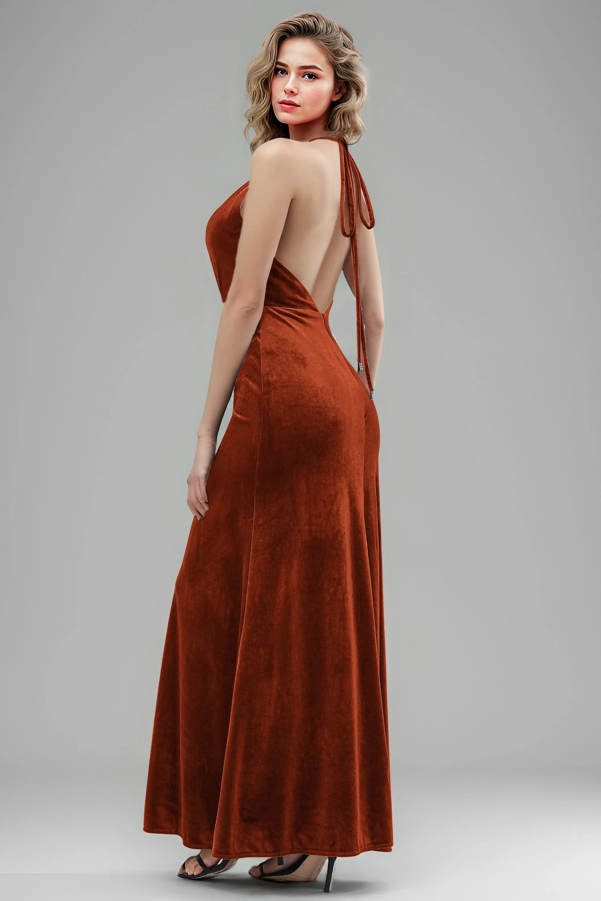 Halter Velvet Sleeveless Backless Long Bridesmaid Dresses