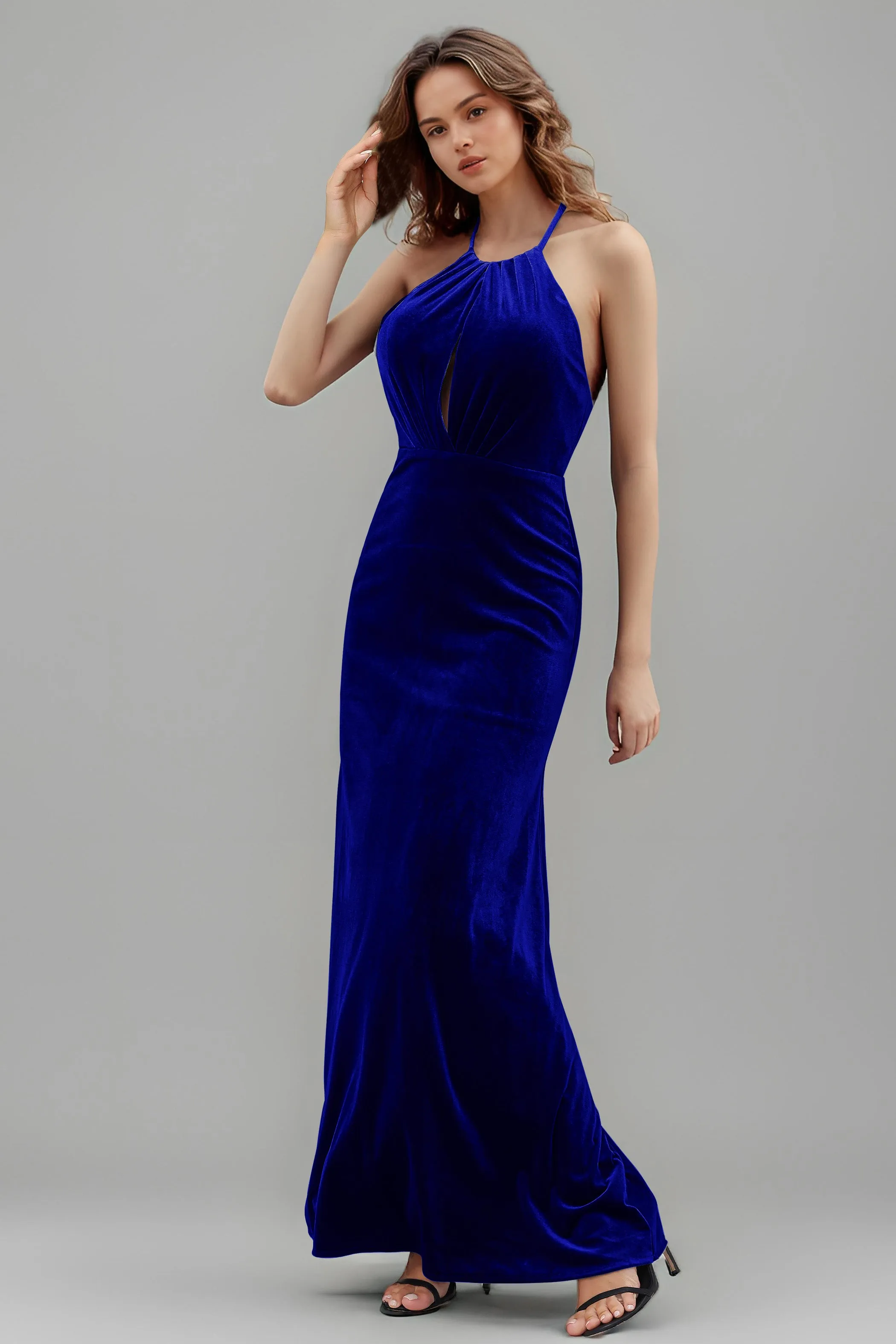 Halter Velvet Sleeveless Backless Long Bridesmaid Dresses