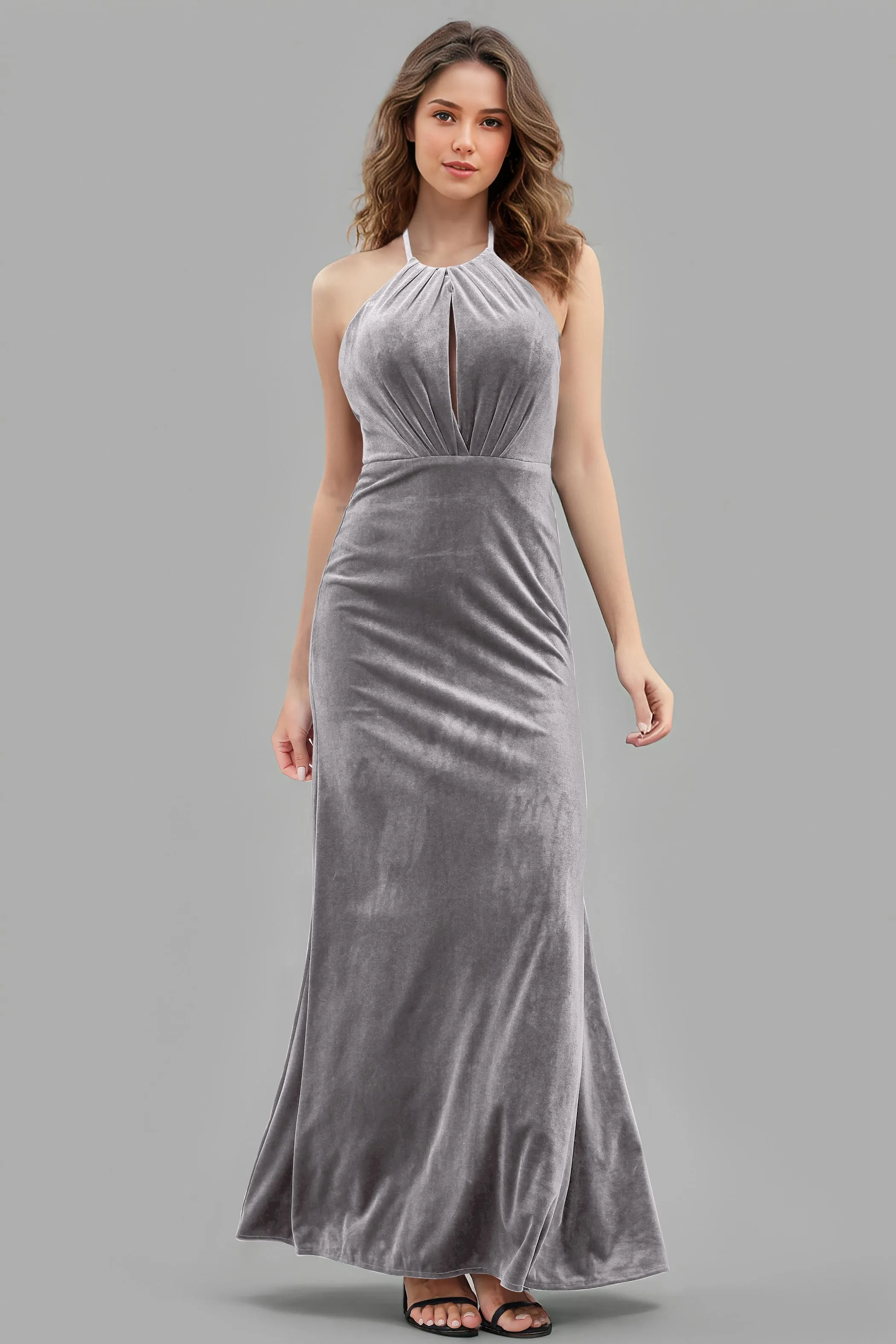 Halter Velvet Sleeveless Backless Long Bridesmaid Dresses