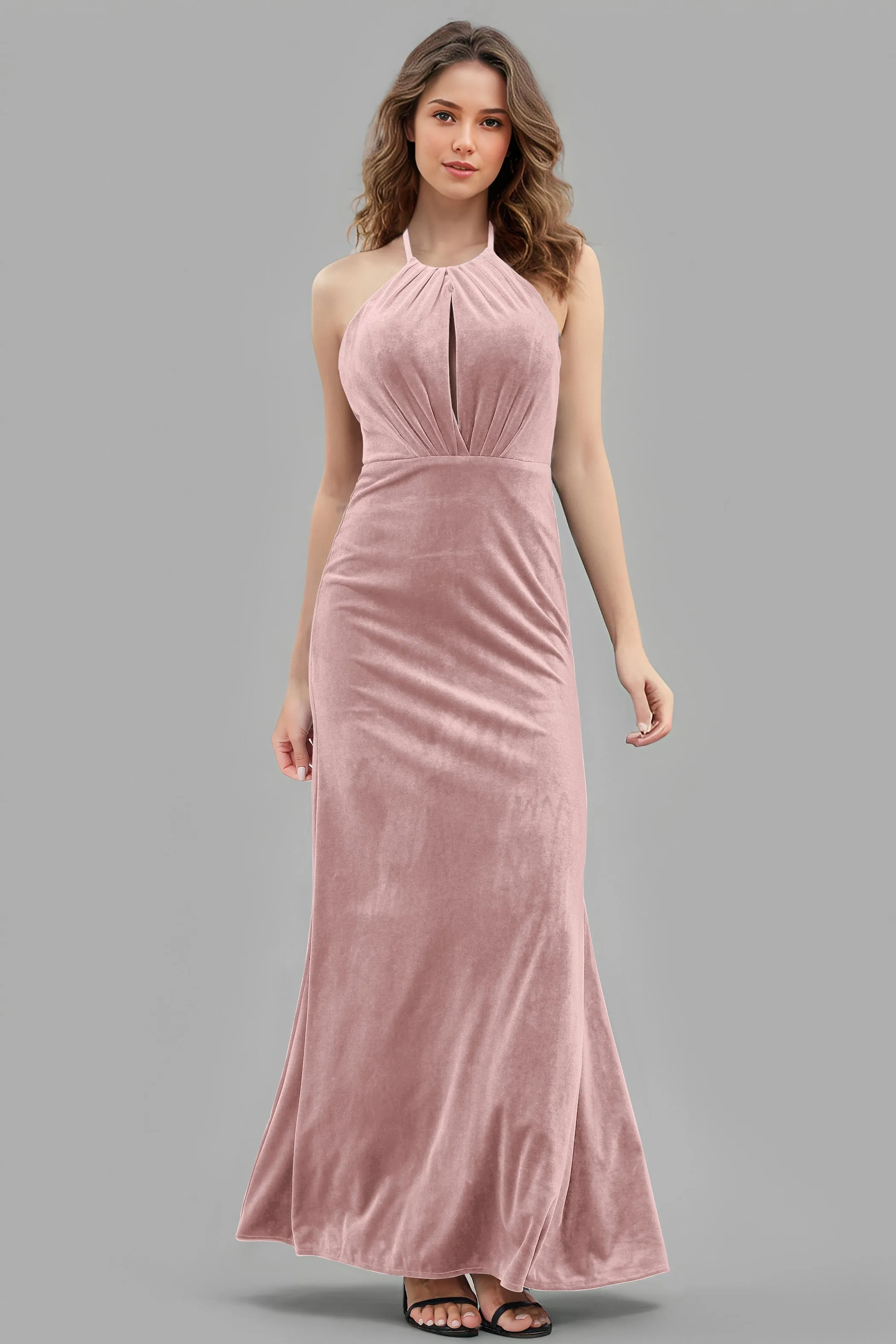 Halter Velvet Sleeveless Backless Long Bridesmaid Dresses