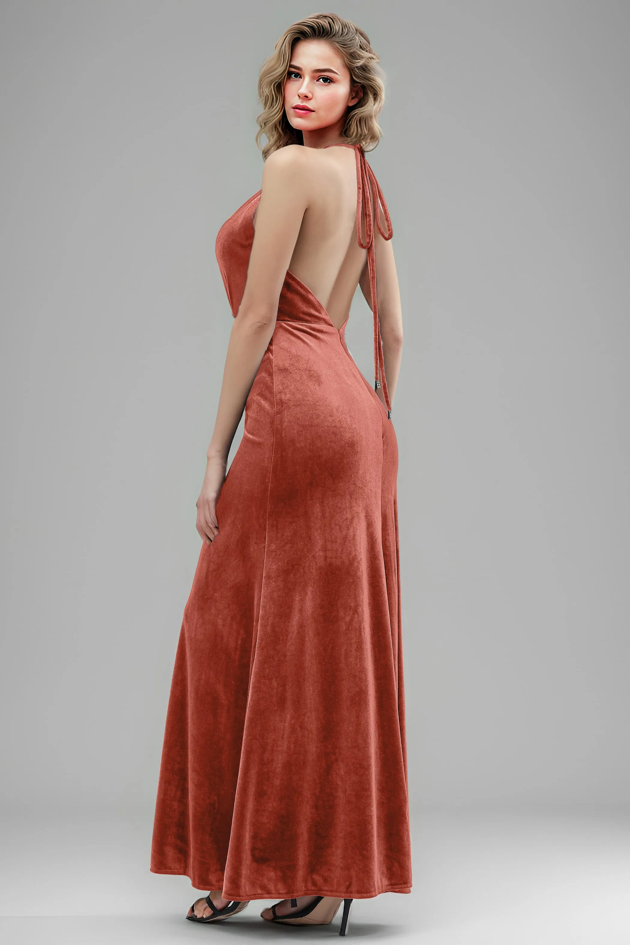 Halter Velvet Sleeveless Backless Long Bridesmaid Dresses