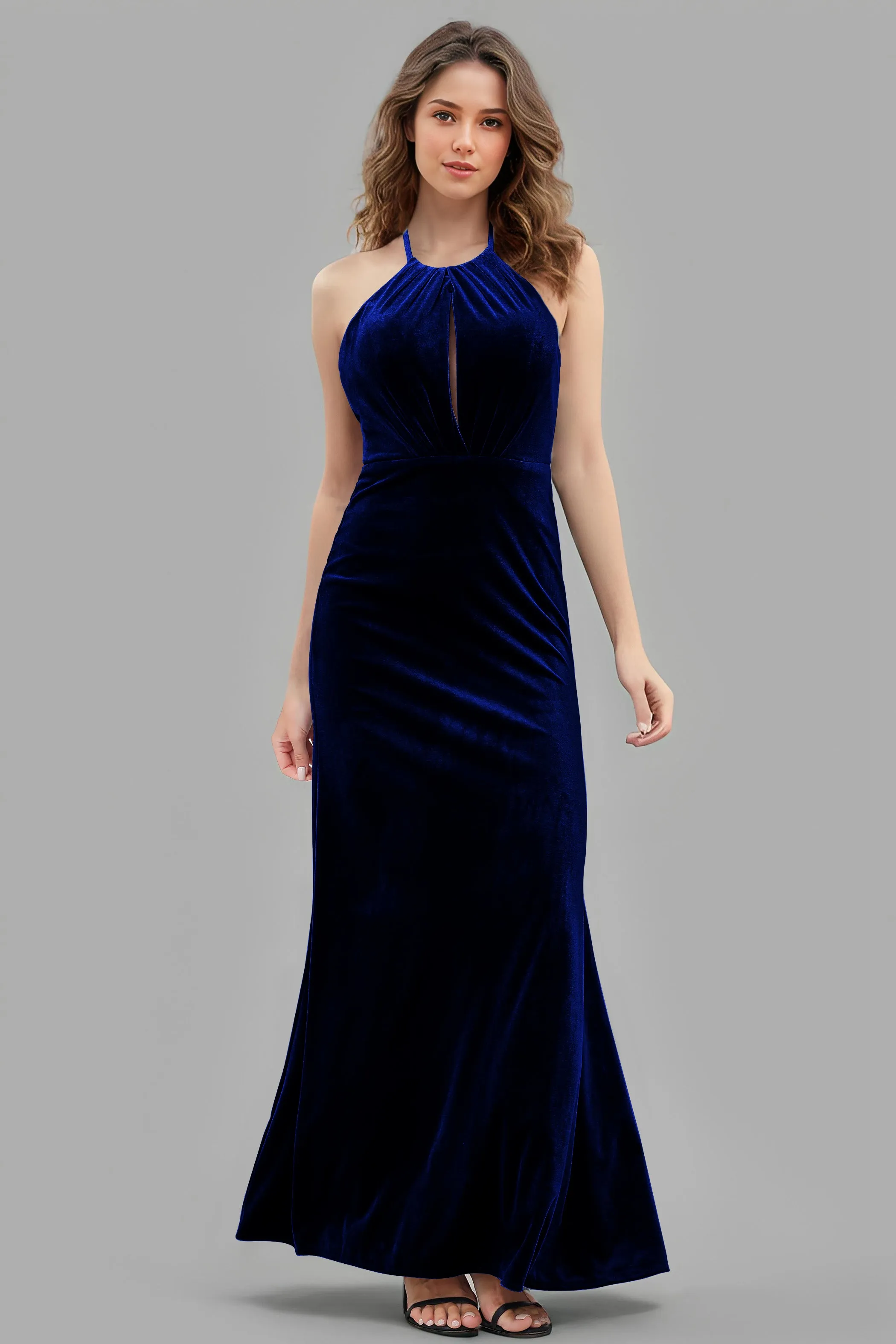 Halter Velvet Sleeveless Backless Long Bridesmaid Dresses