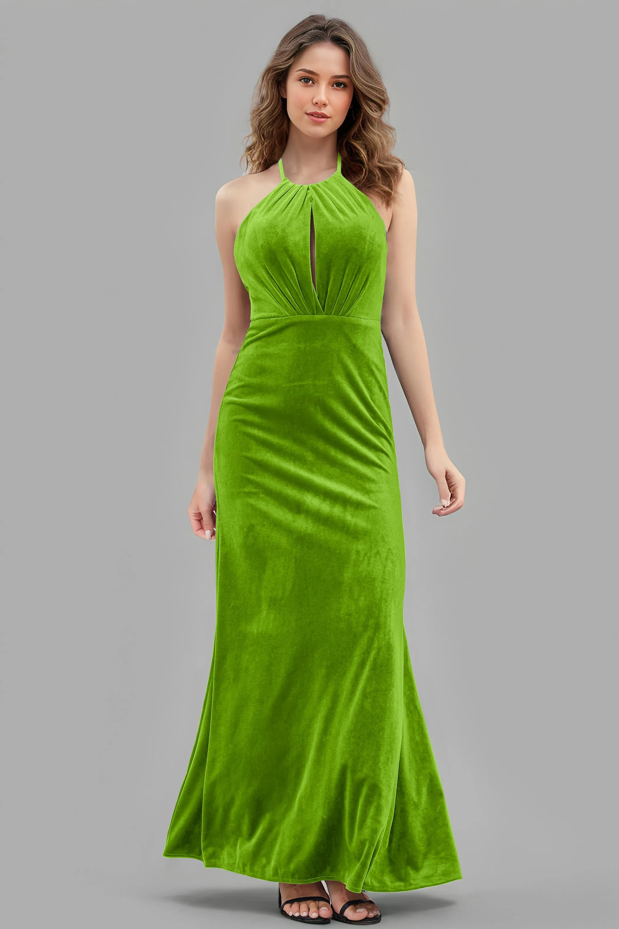 Halter Velvet Sleeveless Backless Long Bridesmaid Dresses