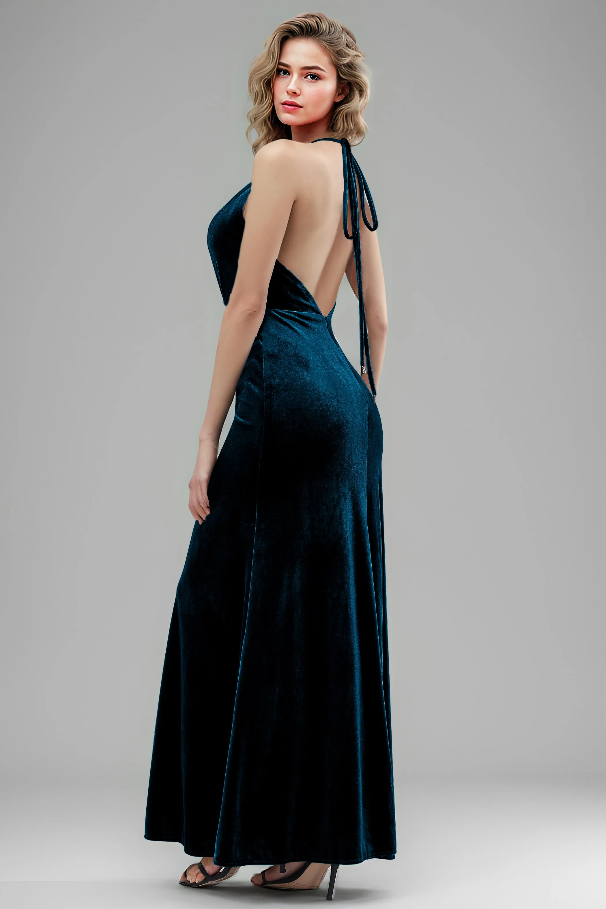 Halter Velvet Sleeveless Backless Long Bridesmaid Dresses