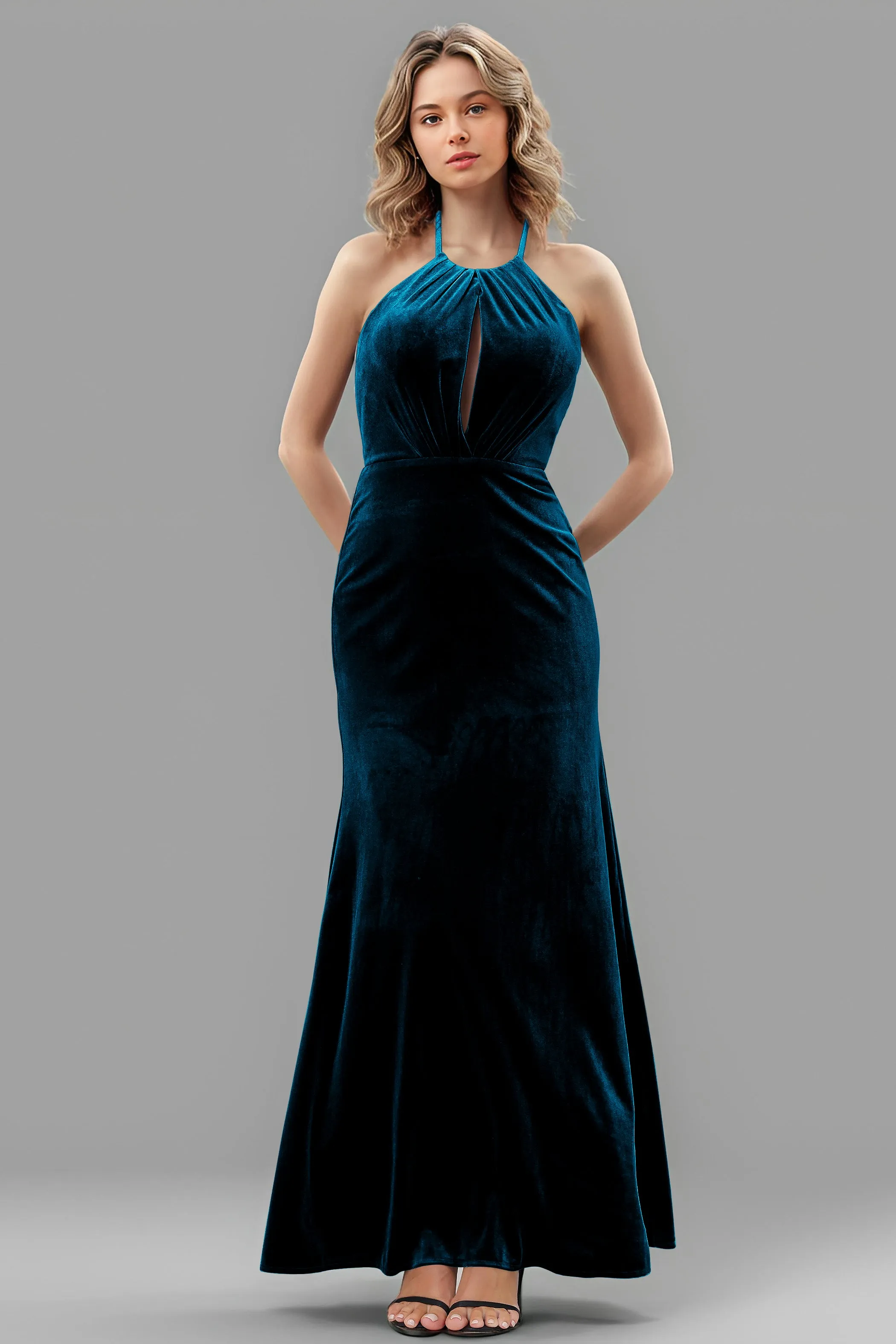 Halter Velvet Sleeveless Backless Long Bridesmaid Dresses