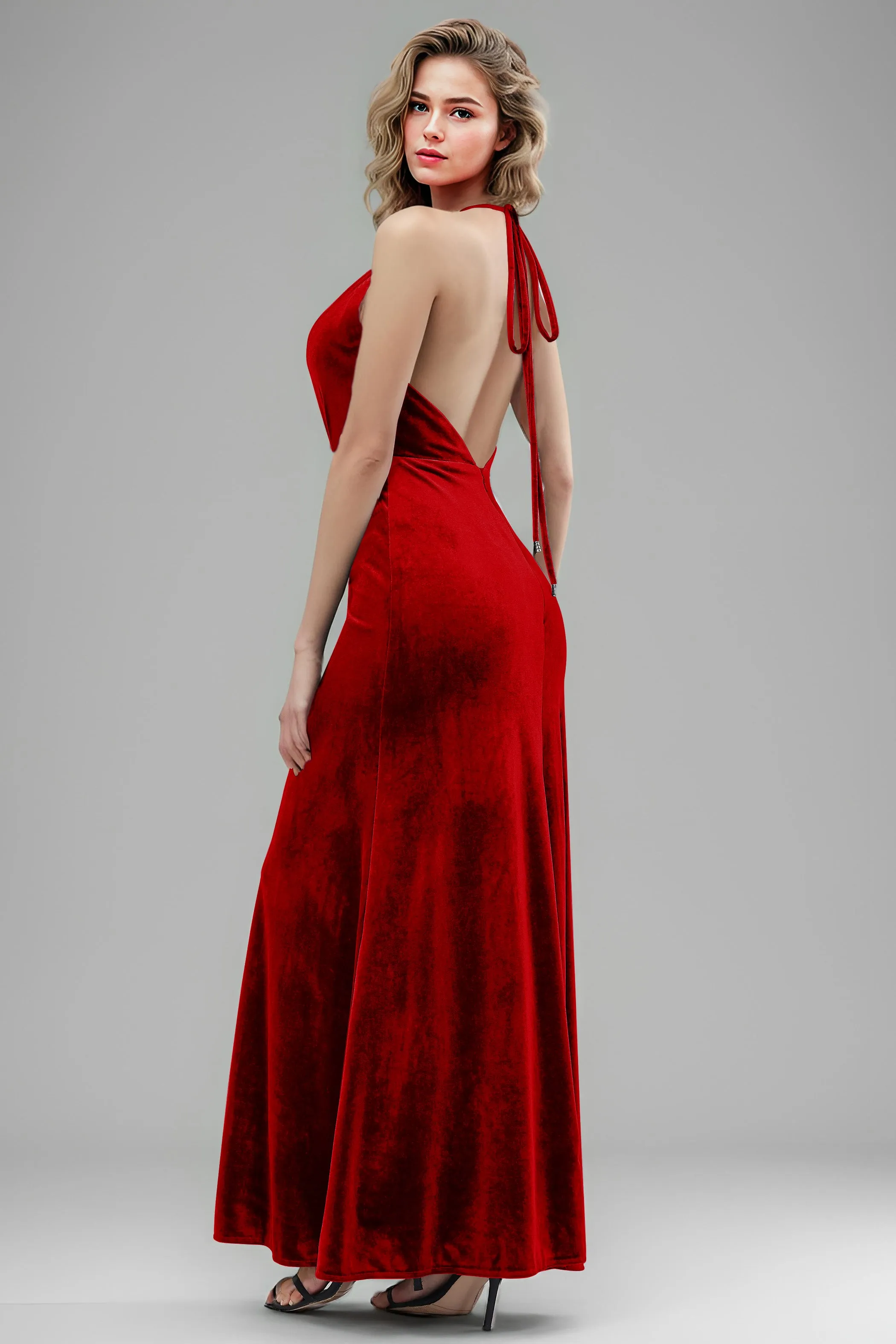 Halter Velvet Sleeveless Backless Long Bridesmaid Dresses