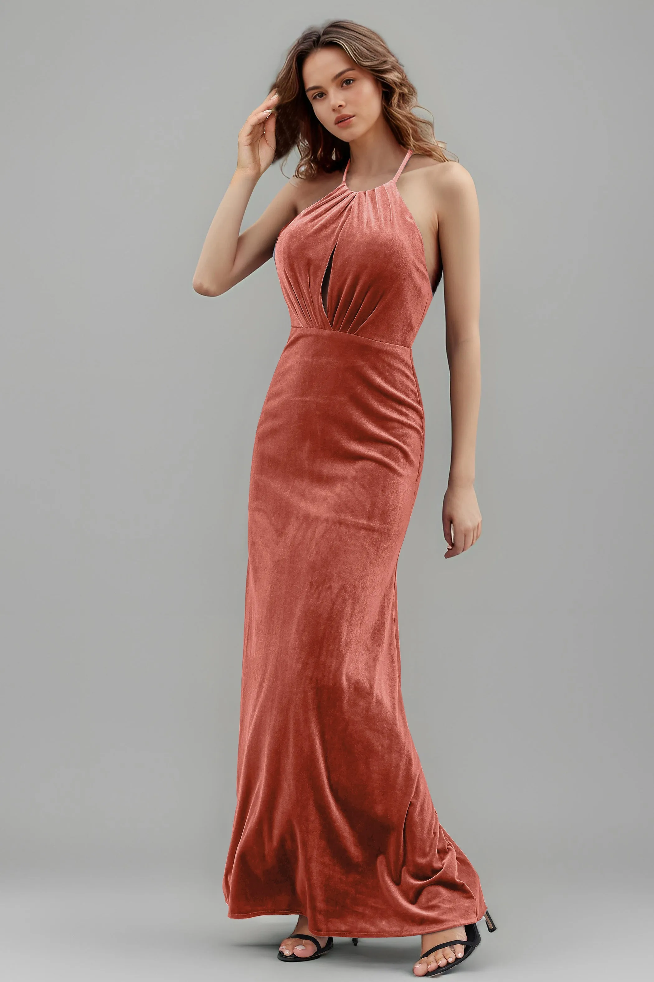 Halter Velvet Sleeveless Backless Long Bridesmaid Dresses