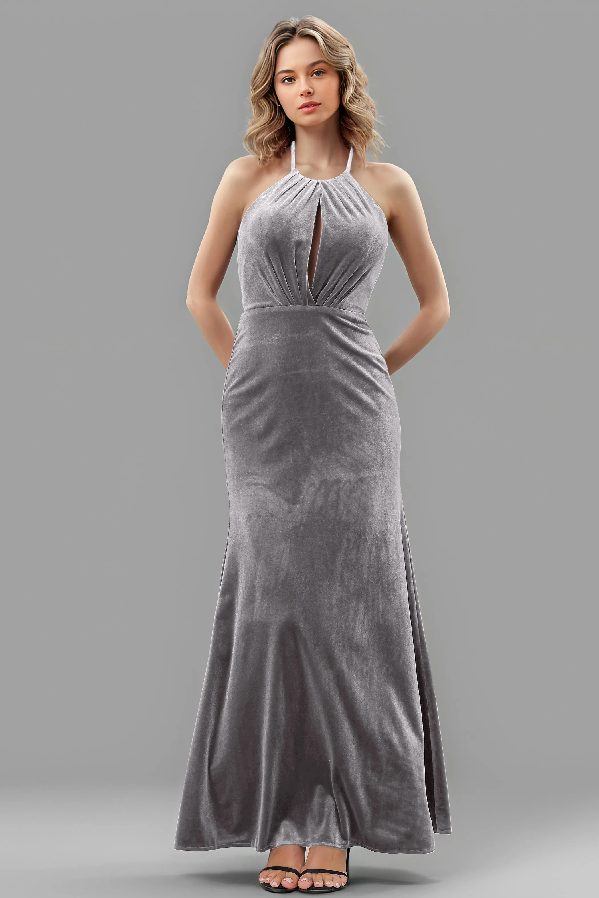 Halter Velvet Sleeveless Backless Long Bridesmaid Dresses