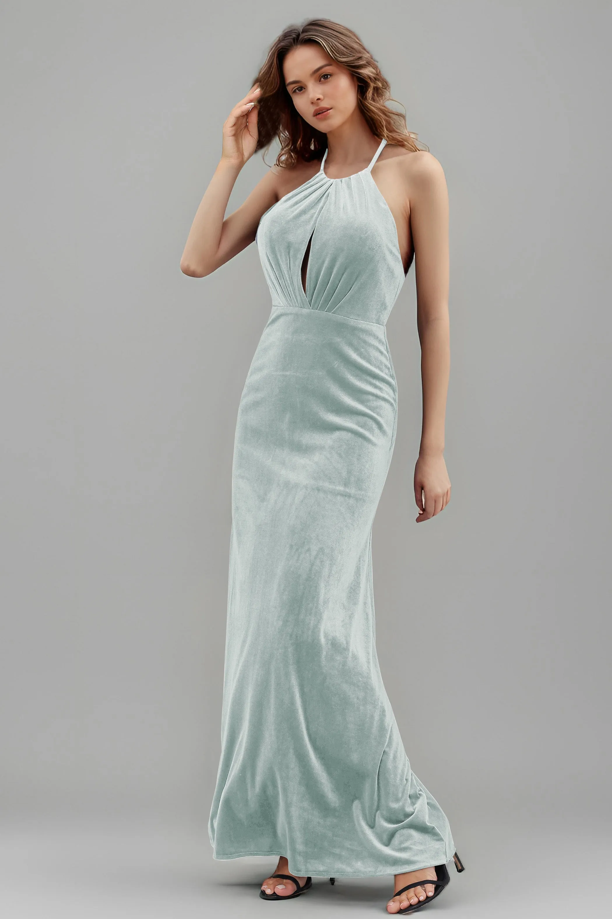 Halter Velvet Sleeveless Backless Long Bridesmaid Dresses