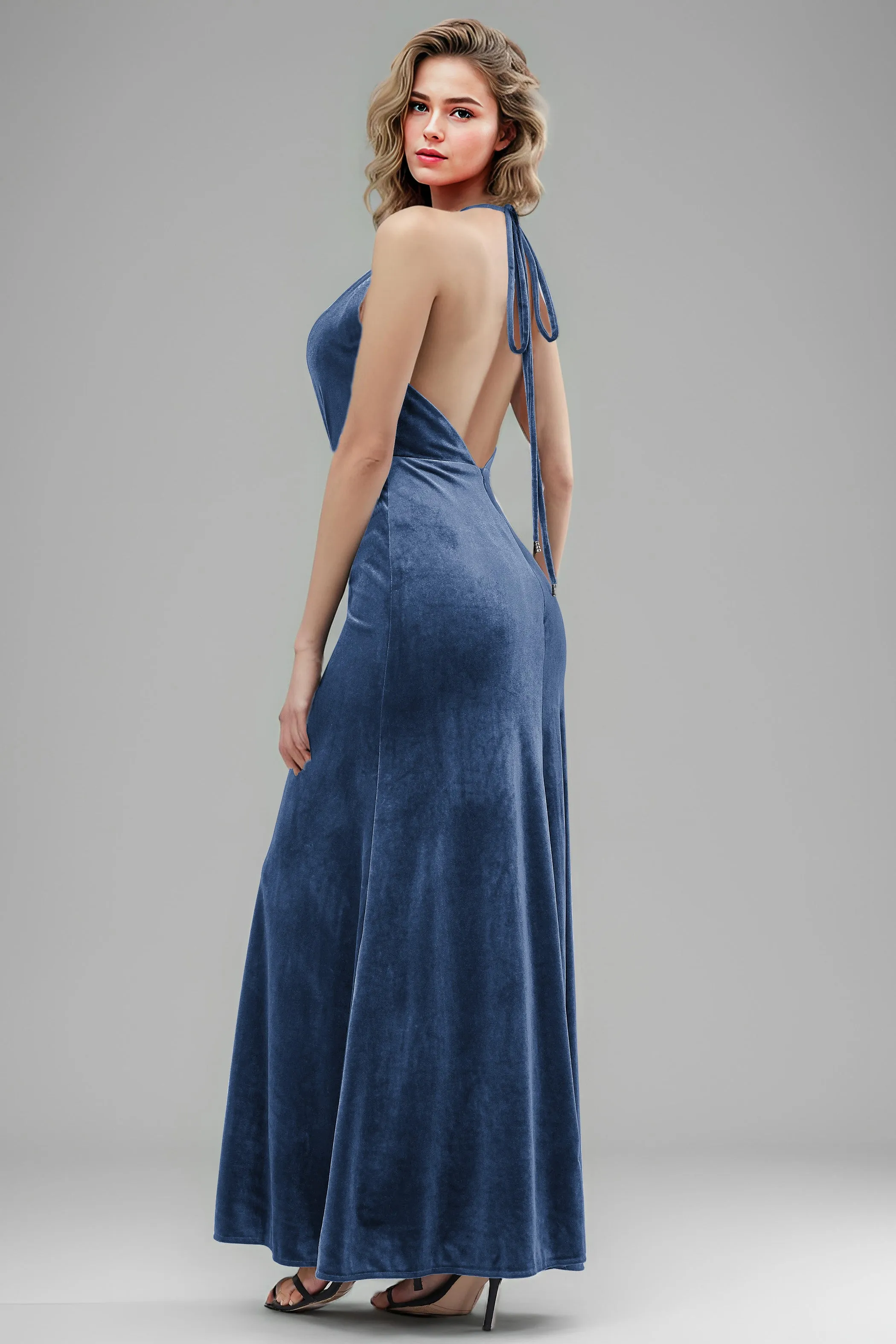 Halter Velvet Sleeveless Backless Long Bridesmaid Dresses