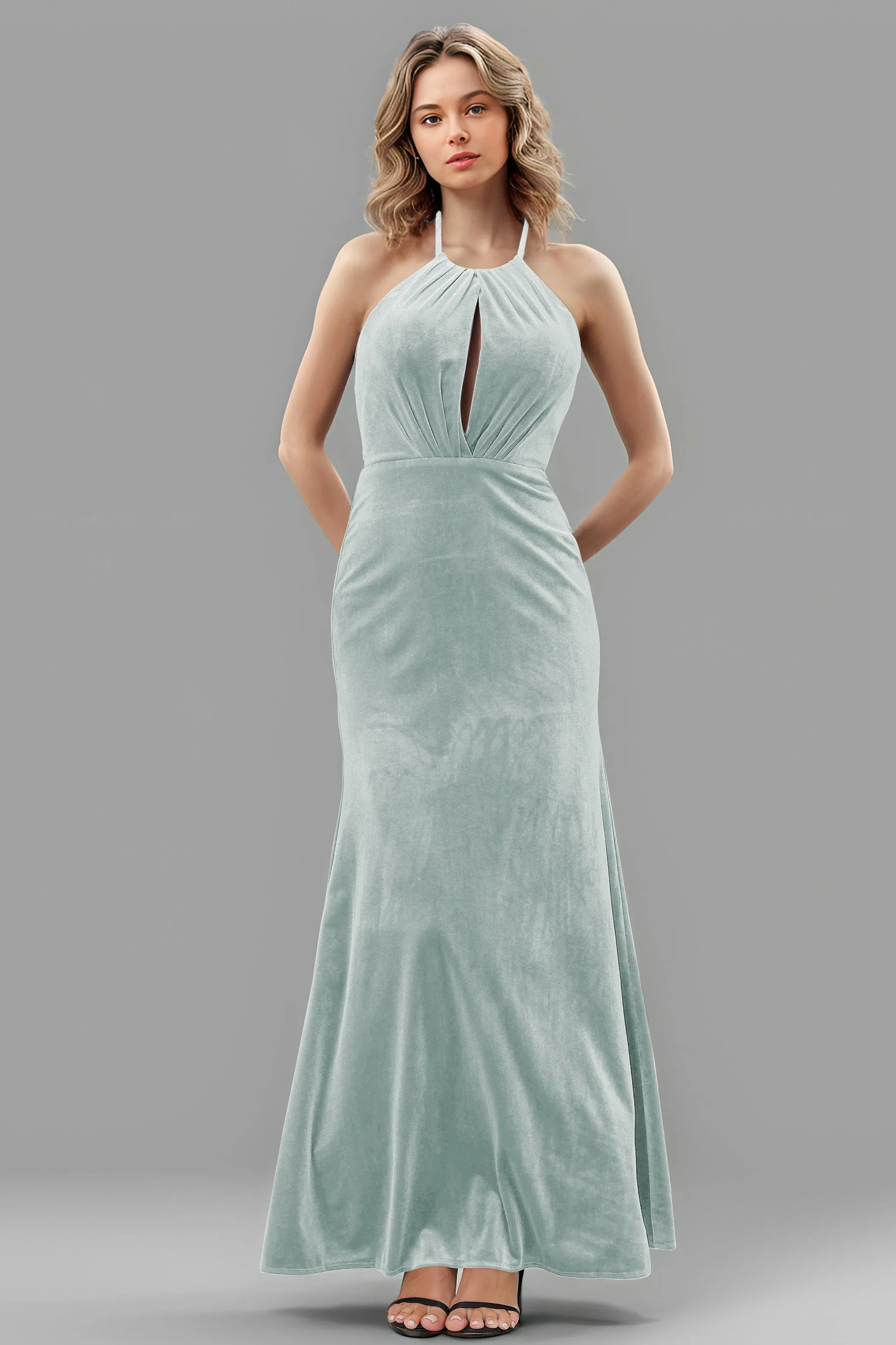 Halter Velvet Sleeveless Backless Long Bridesmaid Dresses