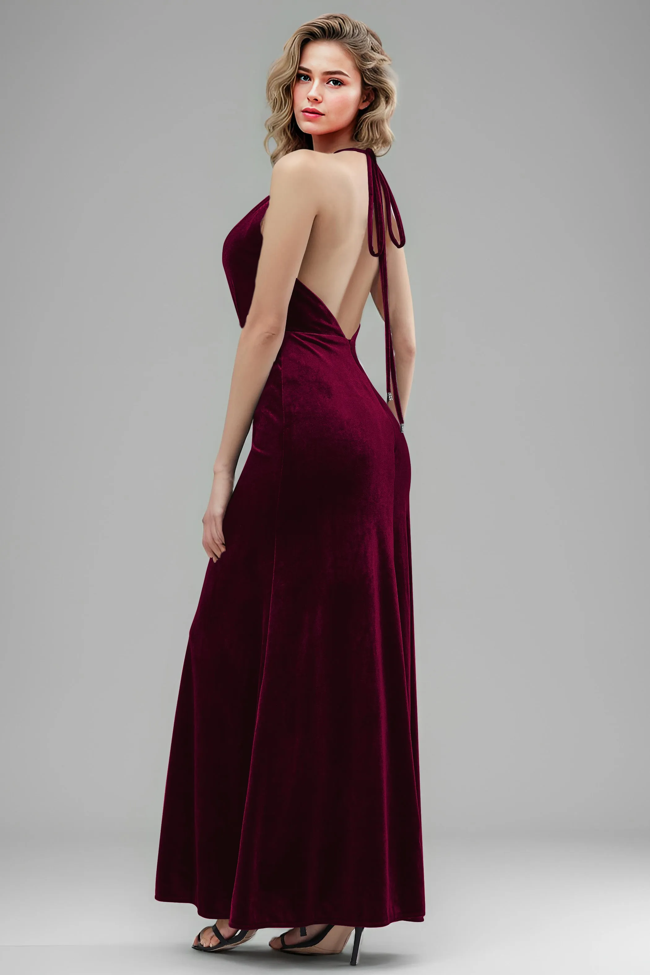 Halter Velvet Sleeveless Backless Long Bridesmaid Dresses