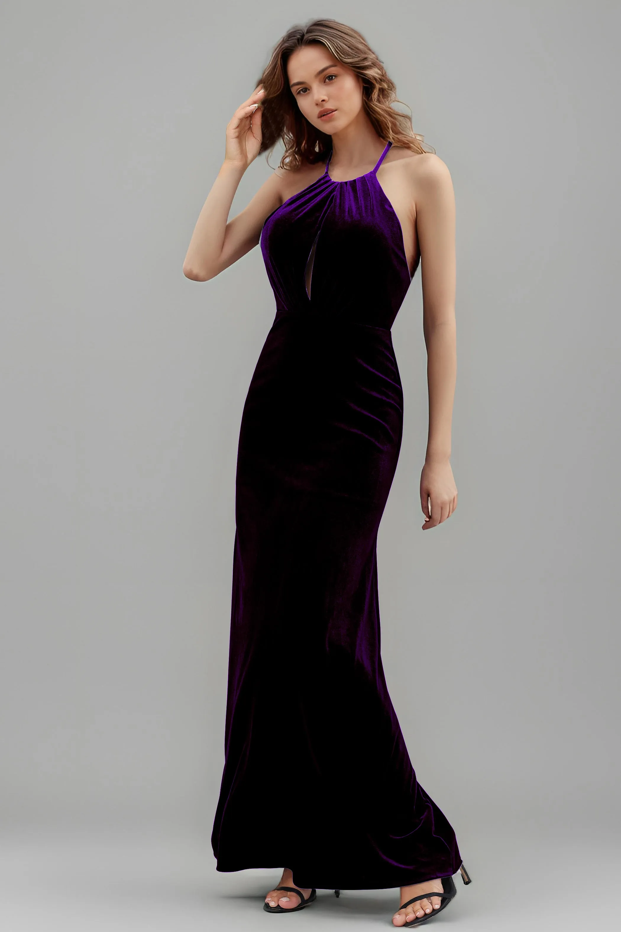Halter Velvet Sleeveless Backless Long Bridesmaid Dresses