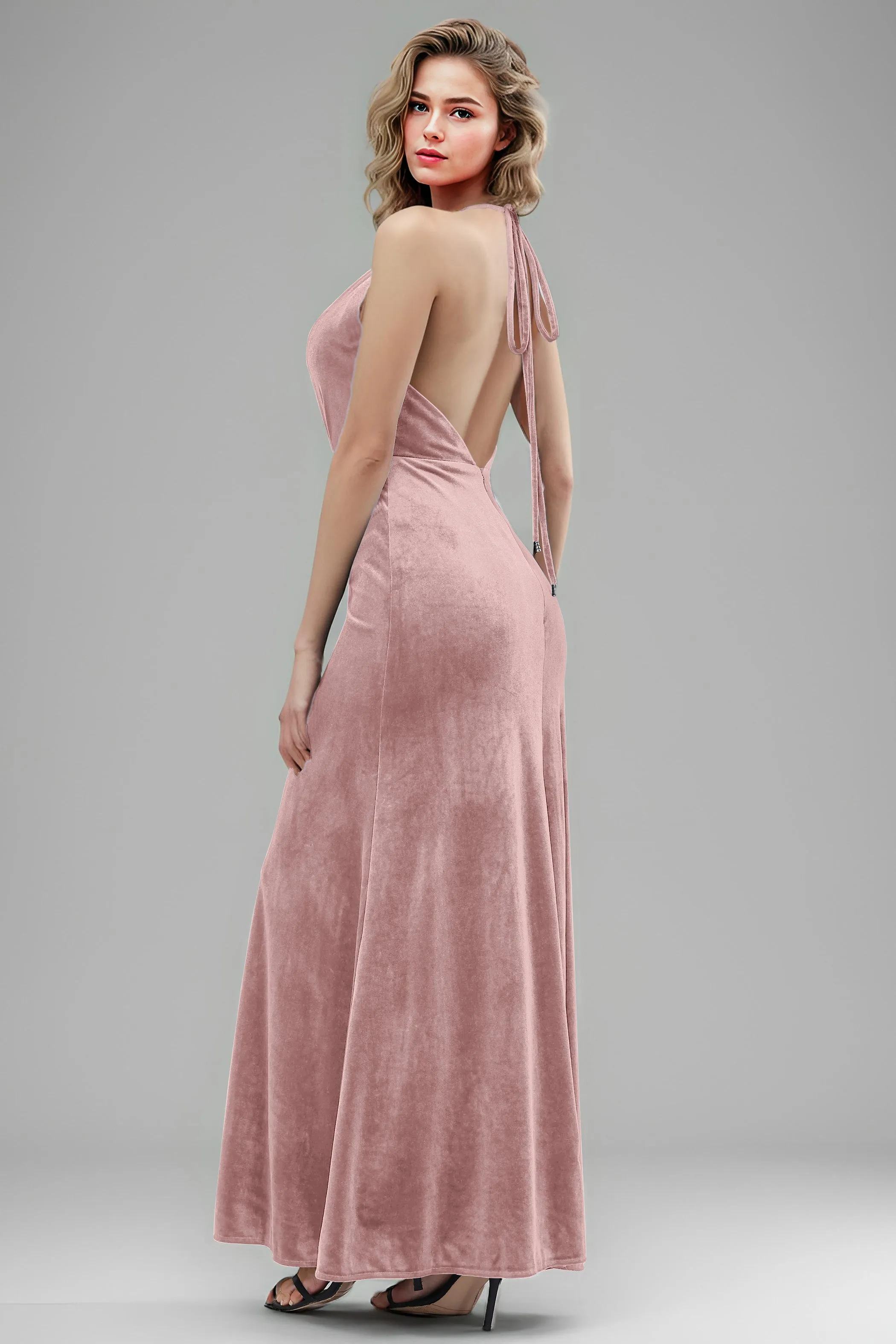 Halter Velvet Sleeveless Backless Long Bridesmaid Dresses