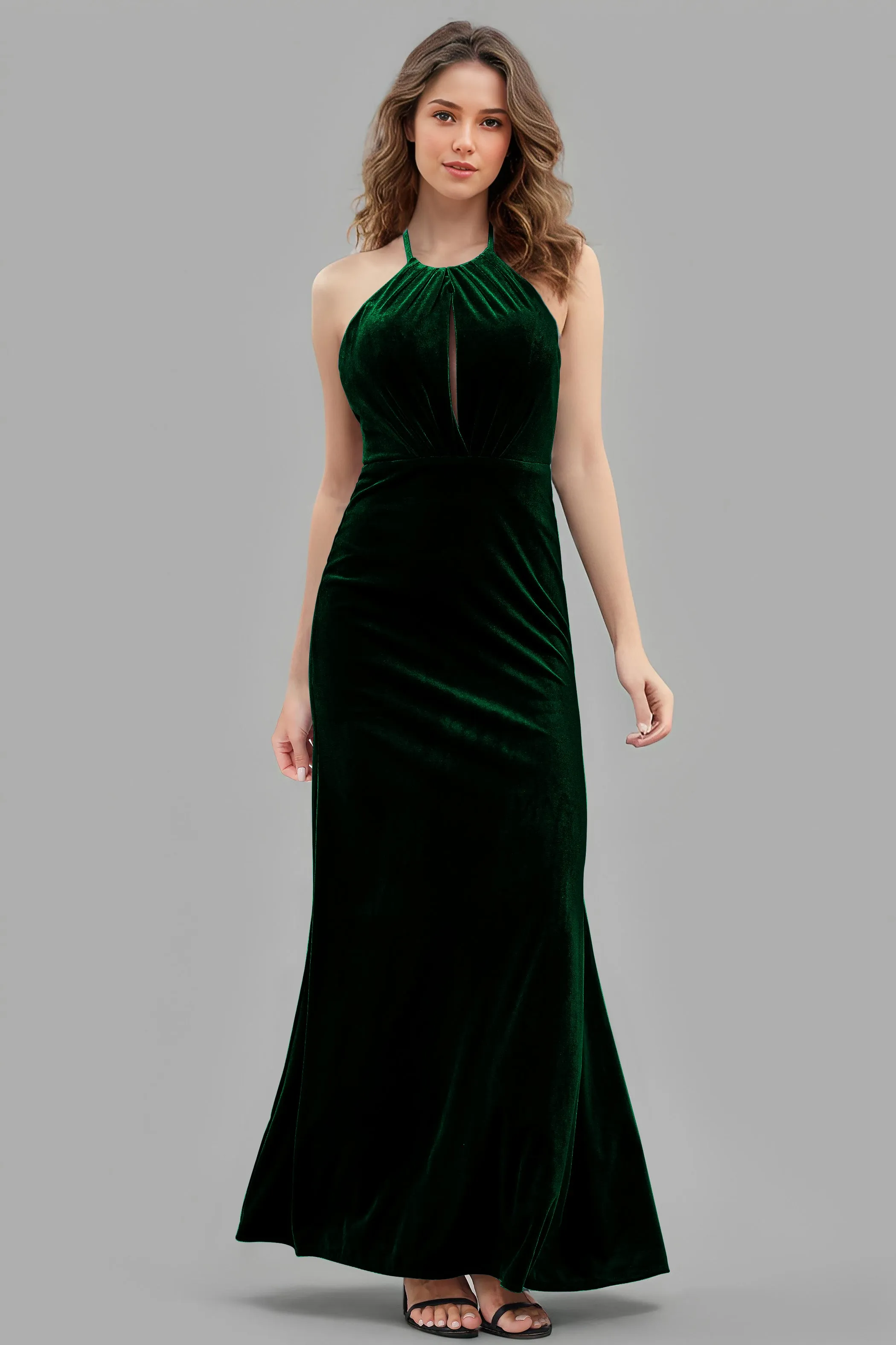 Halter Velvet Sleeveless Backless Long Bridesmaid Dresses